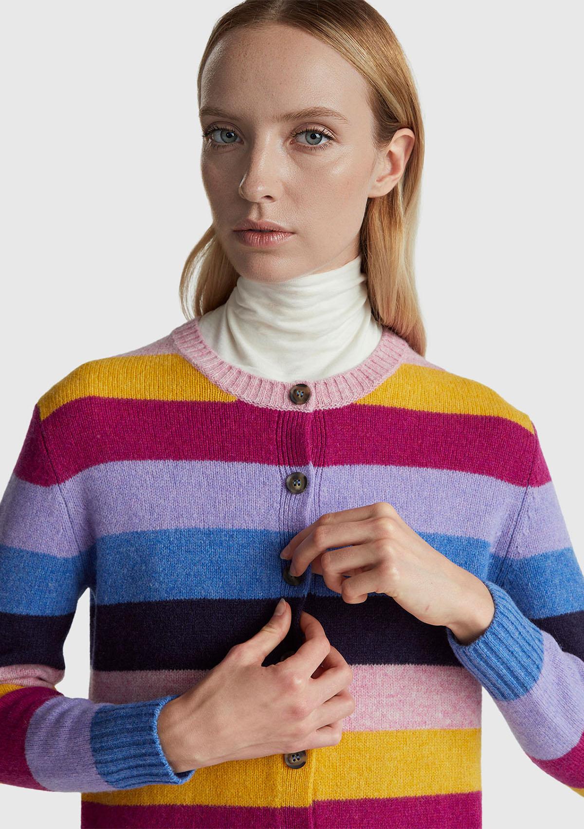 Kadın Çok Renkli %100 Yün Çizgili Shetland Hırka