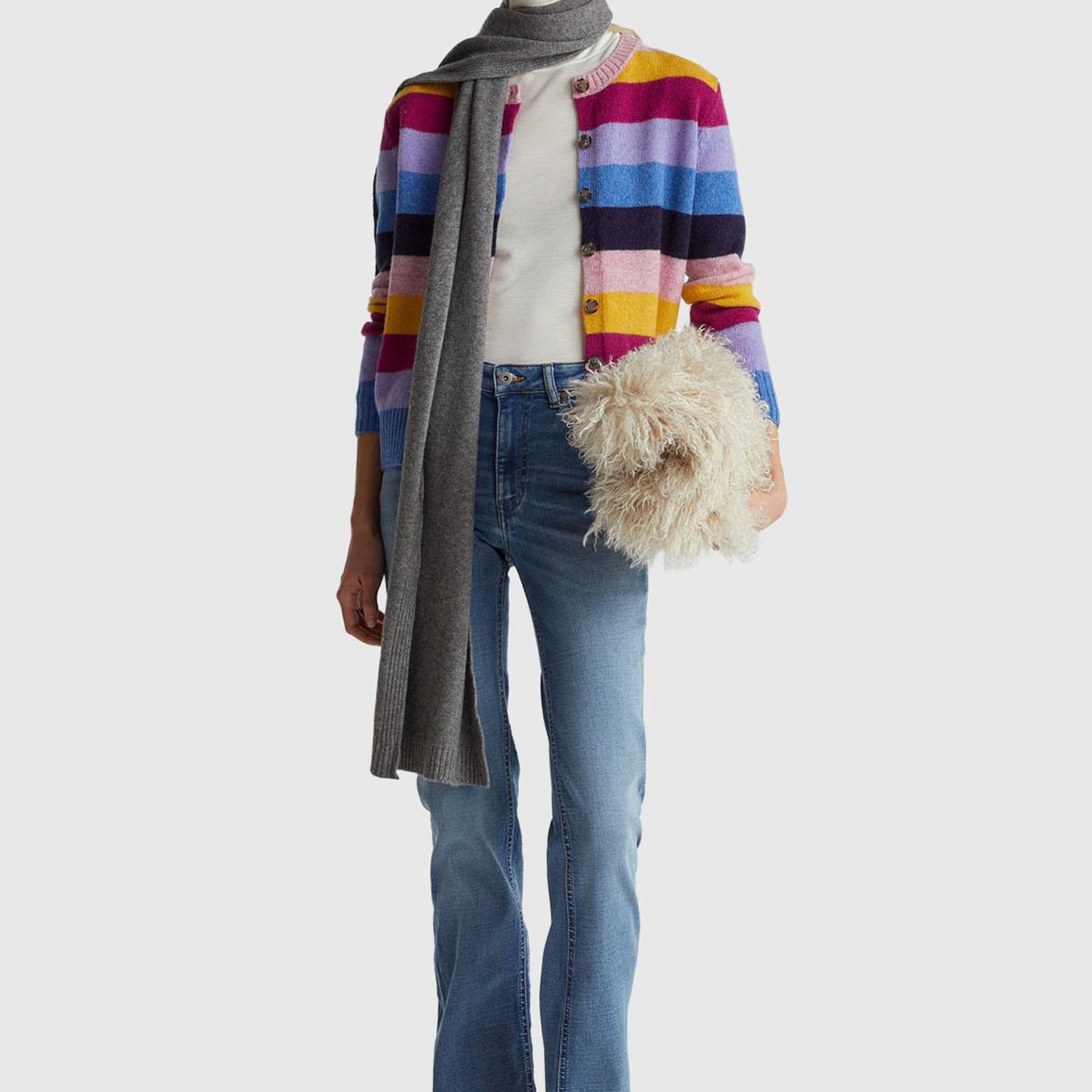 Kadın Çok Renkli %100 Yün Çizgili Shetland Hırka