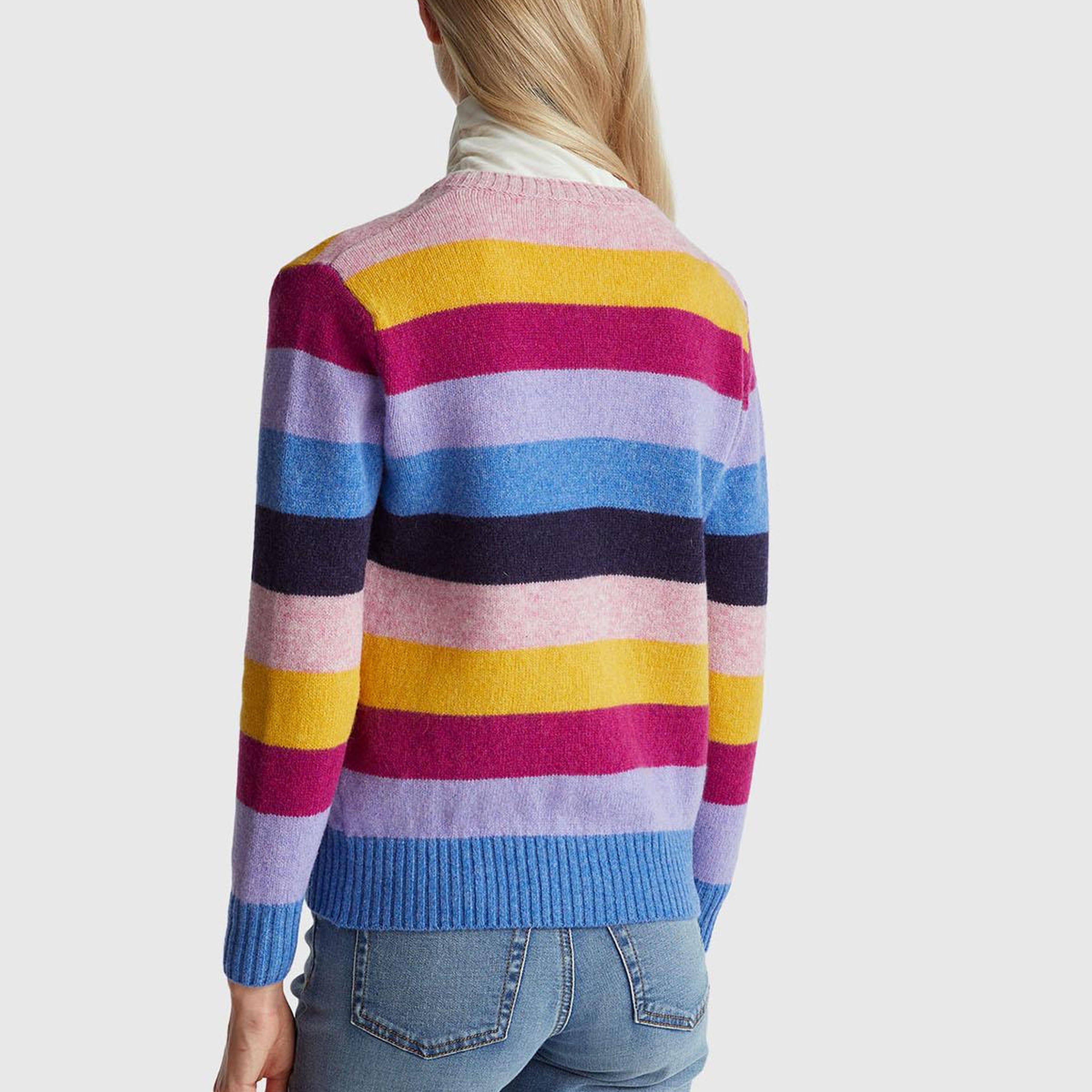 Kadın Çok Renkli %100 Yün Çizgili Shetland Hırka