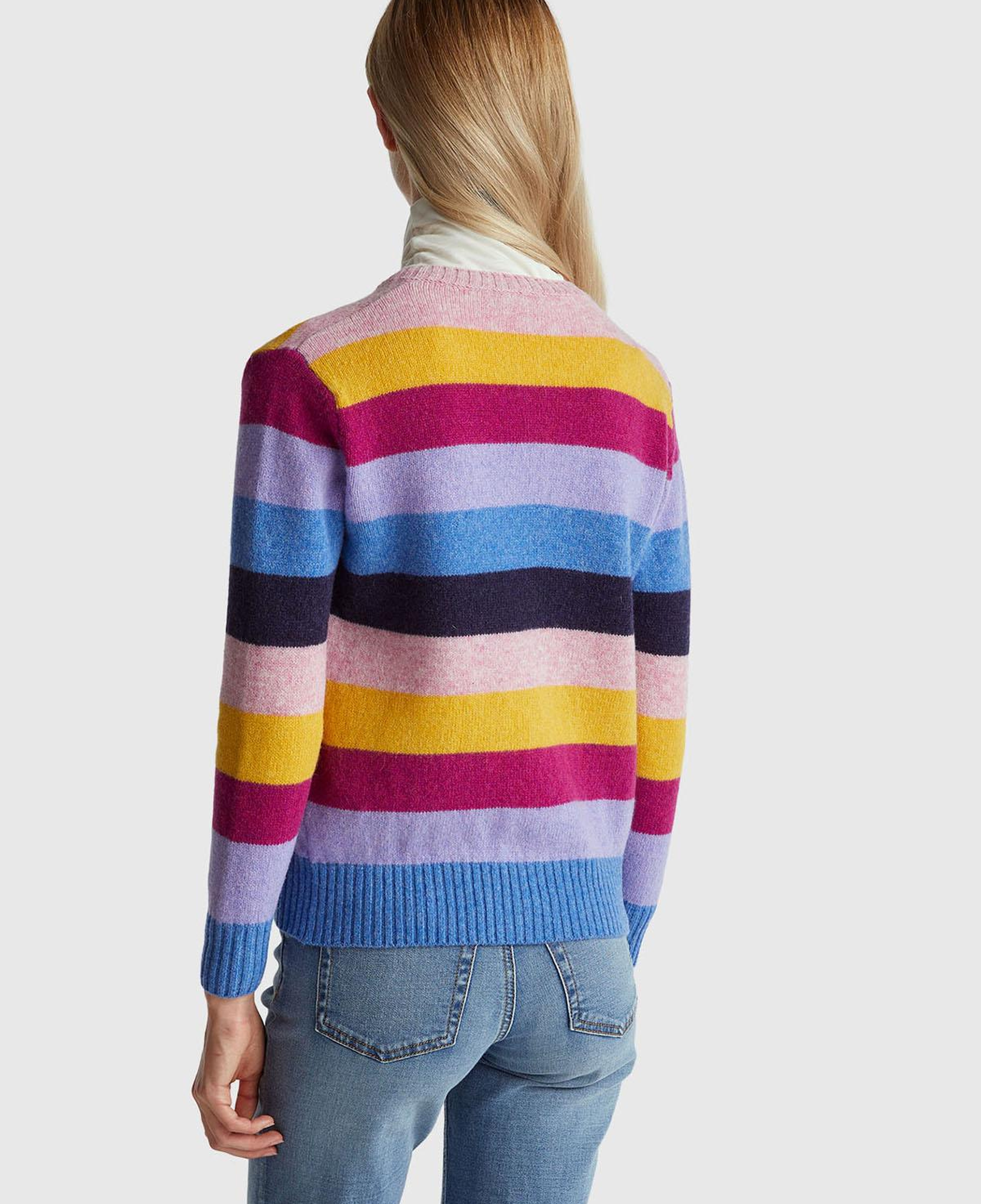Kadın Çok Renkli %100 Yün Çizgili Shetland Hırka