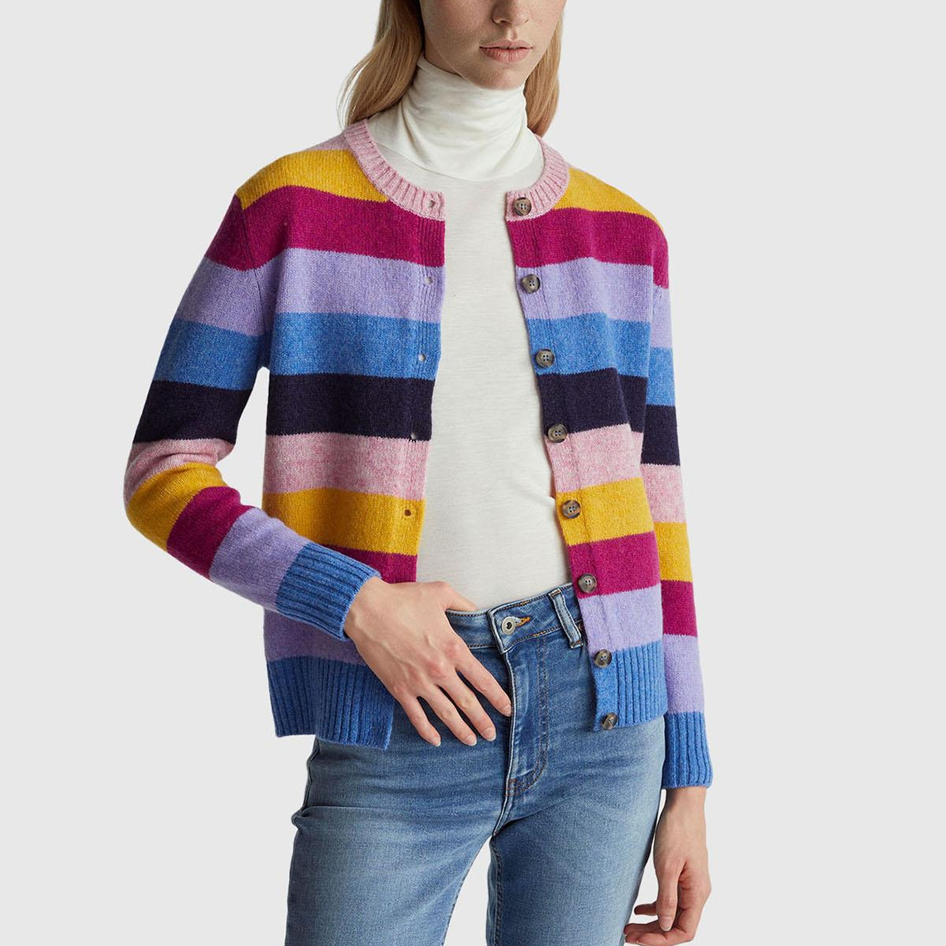 Kadın Çok Renkli %100 Yün Çizgili Shetland Hırka