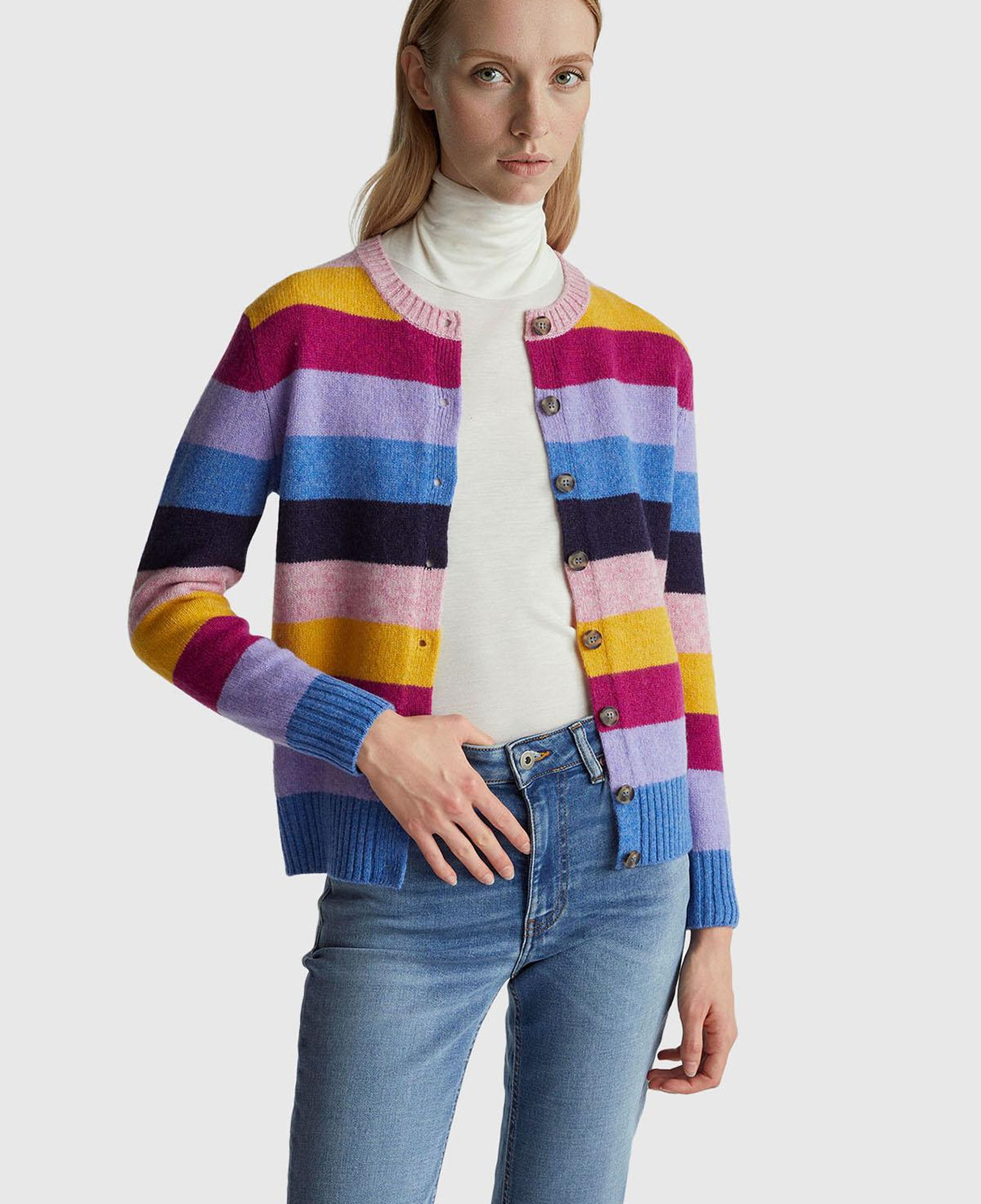 Kadın Çok Renkli %100 Yün Çizgili Shetland Hırka