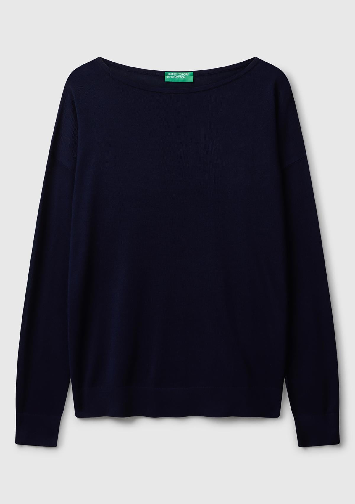 Kadın Lacivert %100 Viskoz Kayık Yaka Kazak