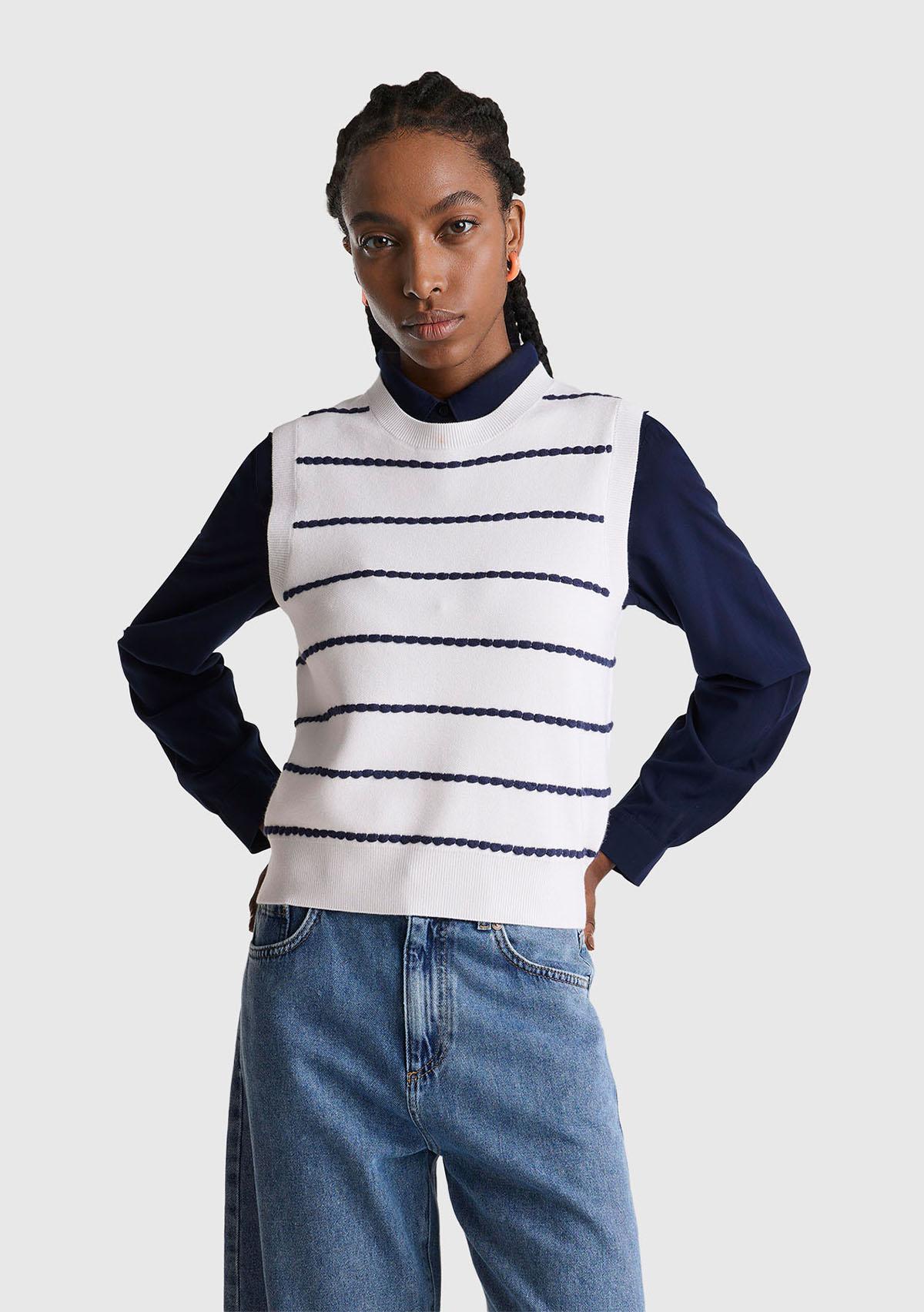 Kadın Ekru-Gri Mix Viskoz Karışımlı Çizgili Kolsuz Kazak