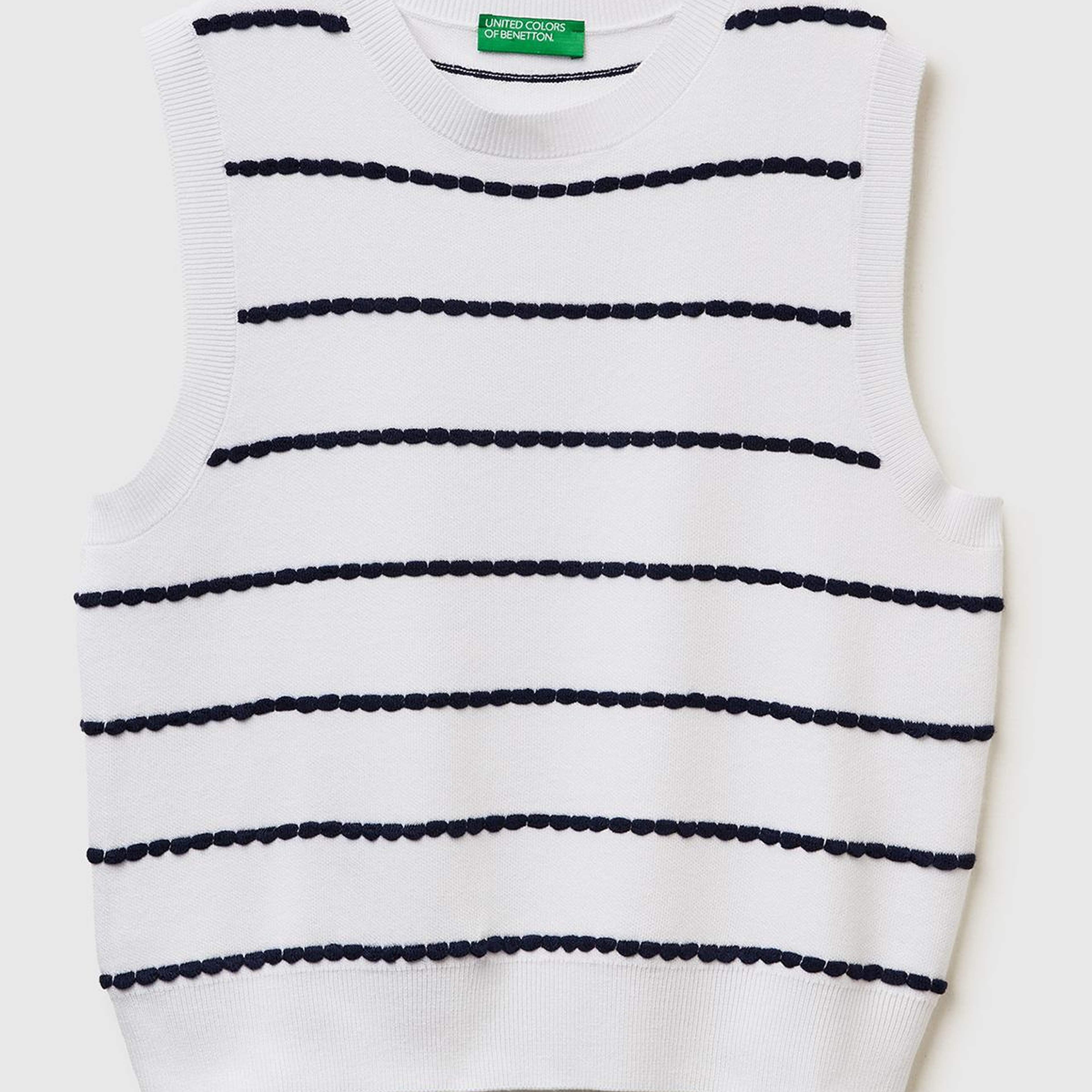 Kadın Ekru-Gri Mix Viskoz Karışımlı Çizgili Kolsuz Kazak