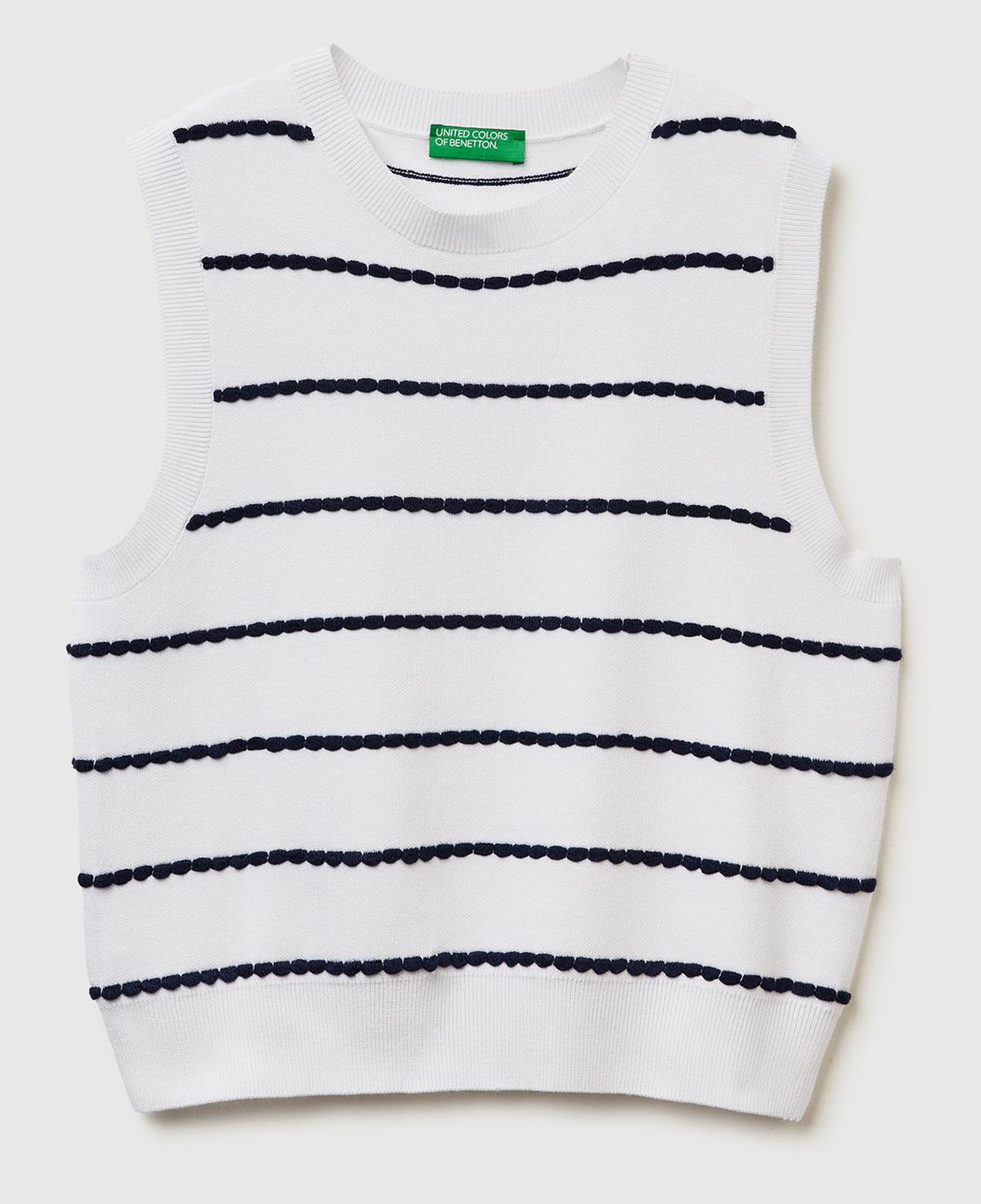 Kadın Ekru-Gri Mix Viskoz Karışımlı Çizgili Kolsuz Kazak