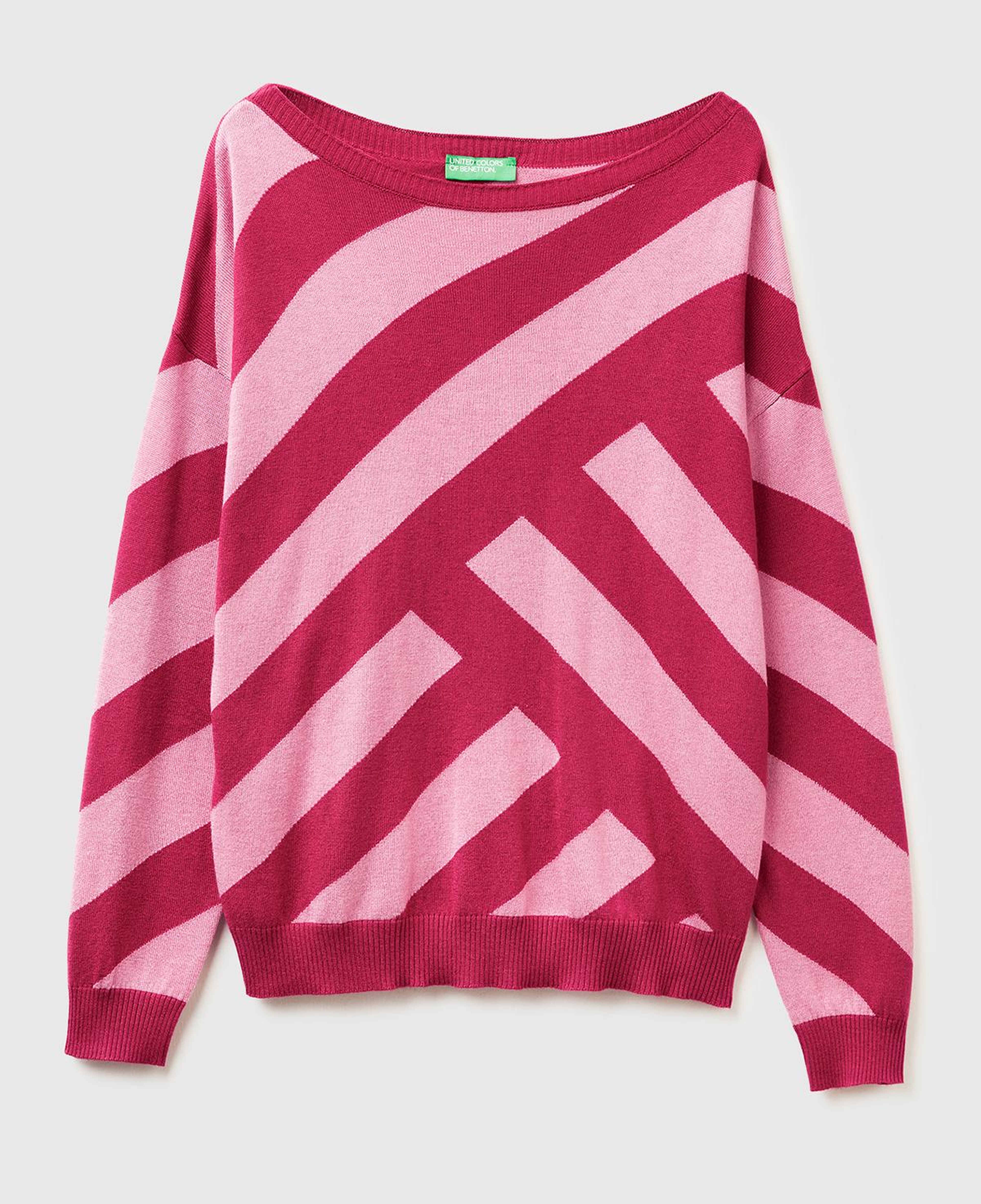 Kadın Fuşya Viskoz ve Yün Karışımlı Çizgi Desenli Kayık Yaka Kazak