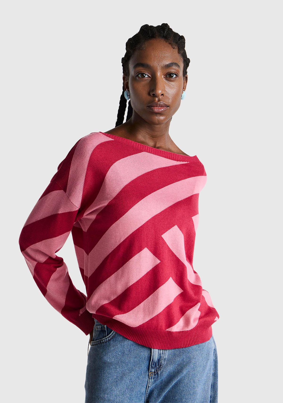 Kadın Fuşya Viskoz ve Yün Karışımlı Çizgi Desenli Kayık Yaka Kazak