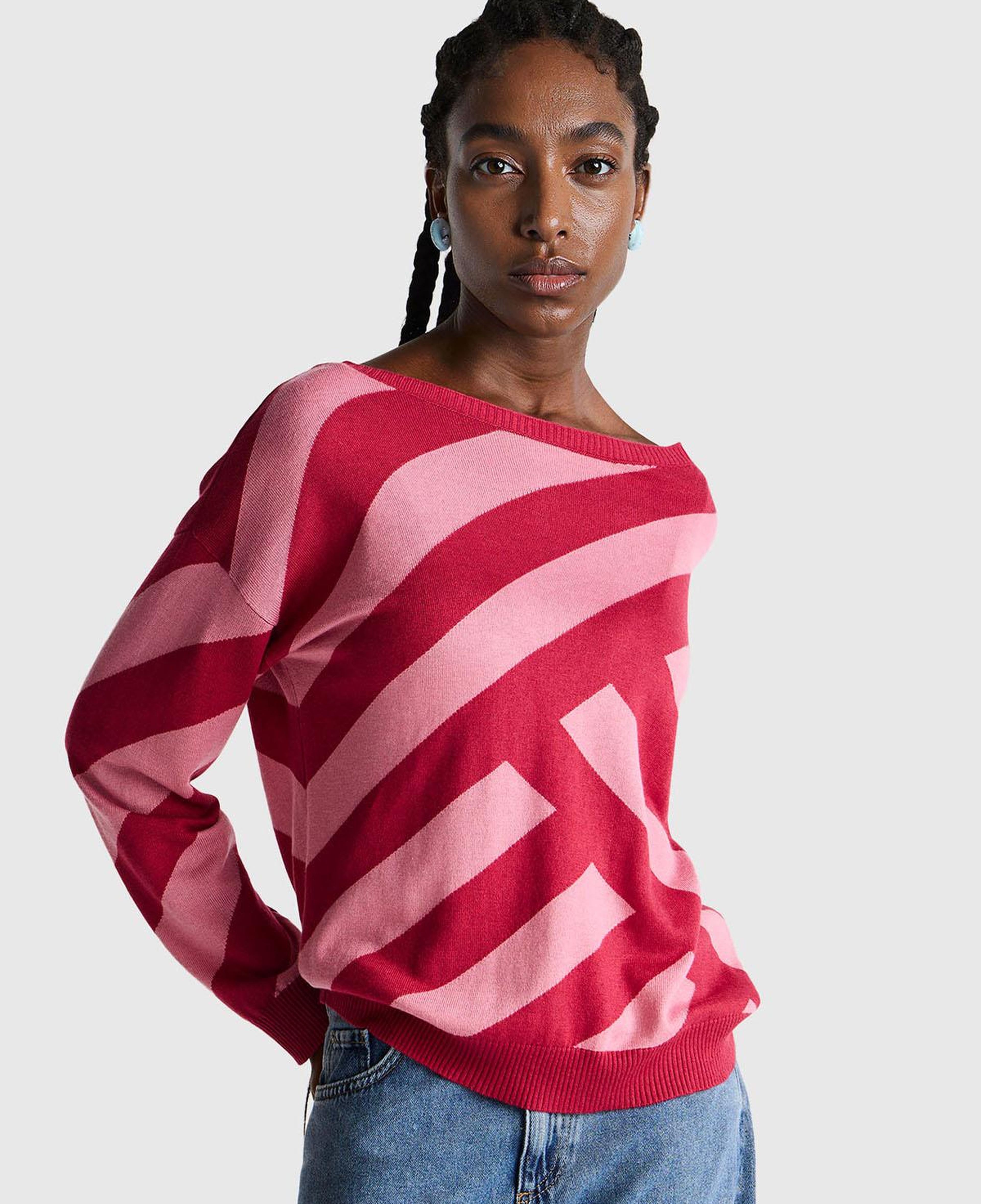 Kadın Fuşya Viskoz ve Yün Karışımlı Çizgi Desenli Kayık Yaka Kazak