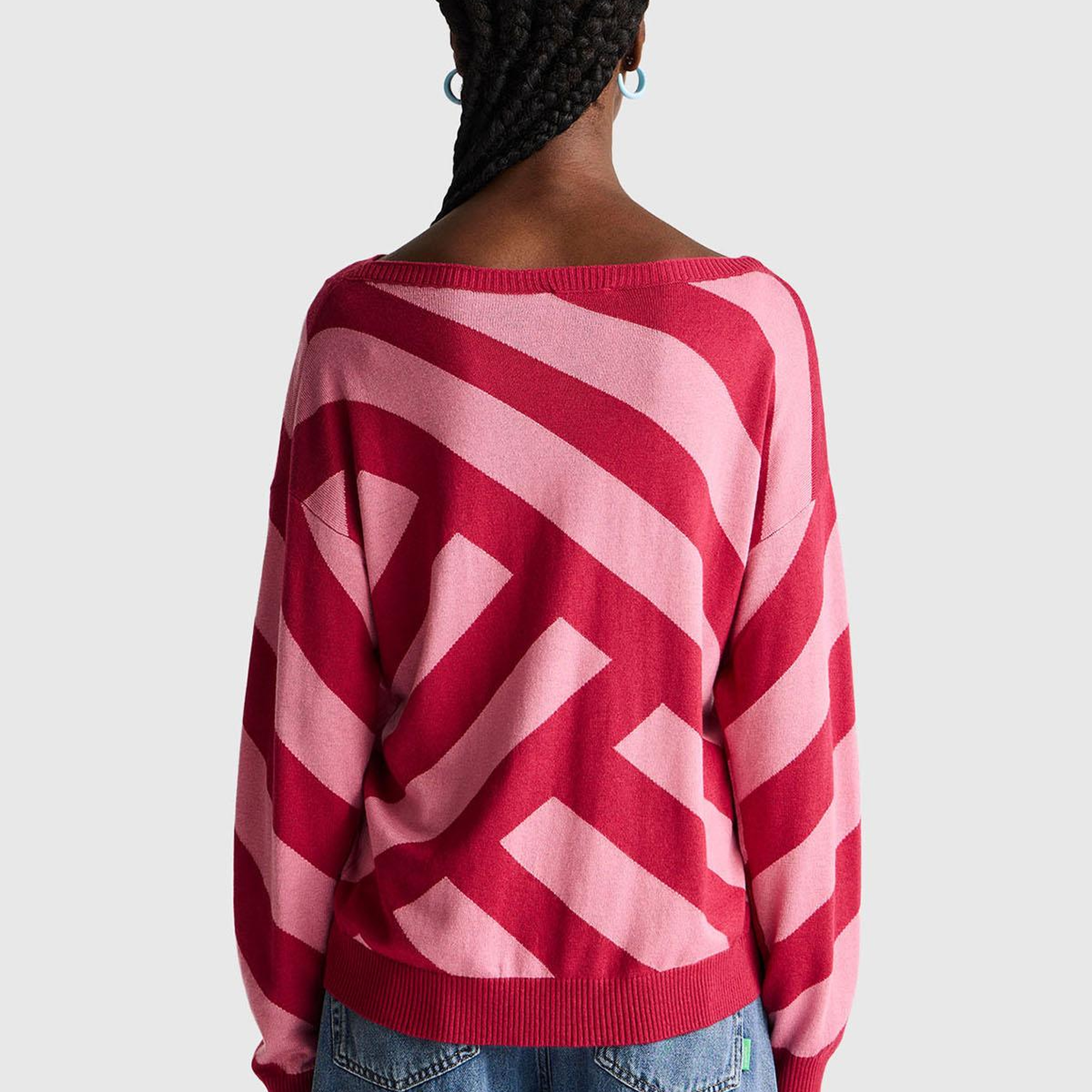 Kadın Fuşya Viskoz ve Yün Karışımlı Çizgi Desenli Kayık Yaka Kazak