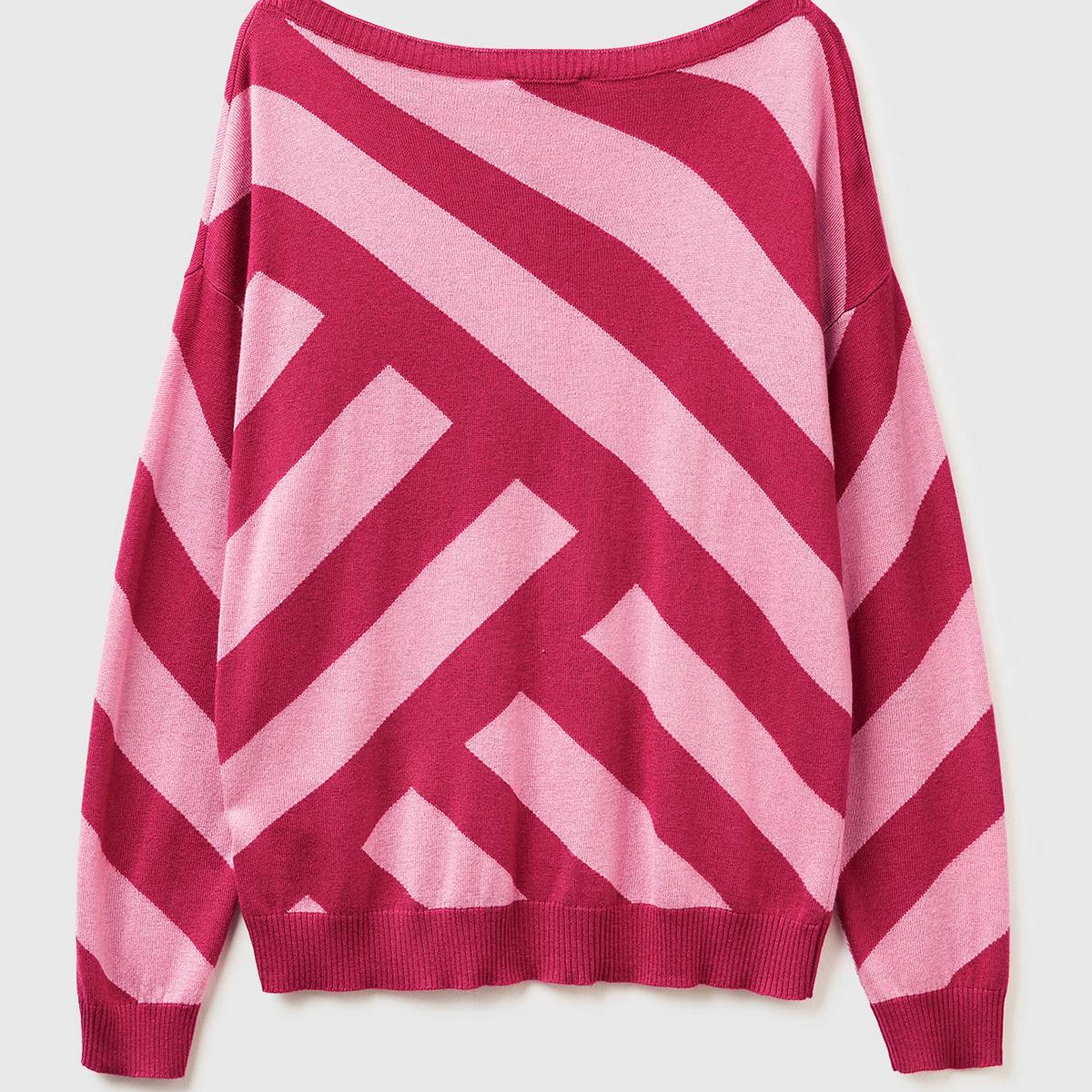 Kadın Fuşya Viskoz ve Yün Karışımlı Çizgi Desenli Kayık Yaka Kazak
