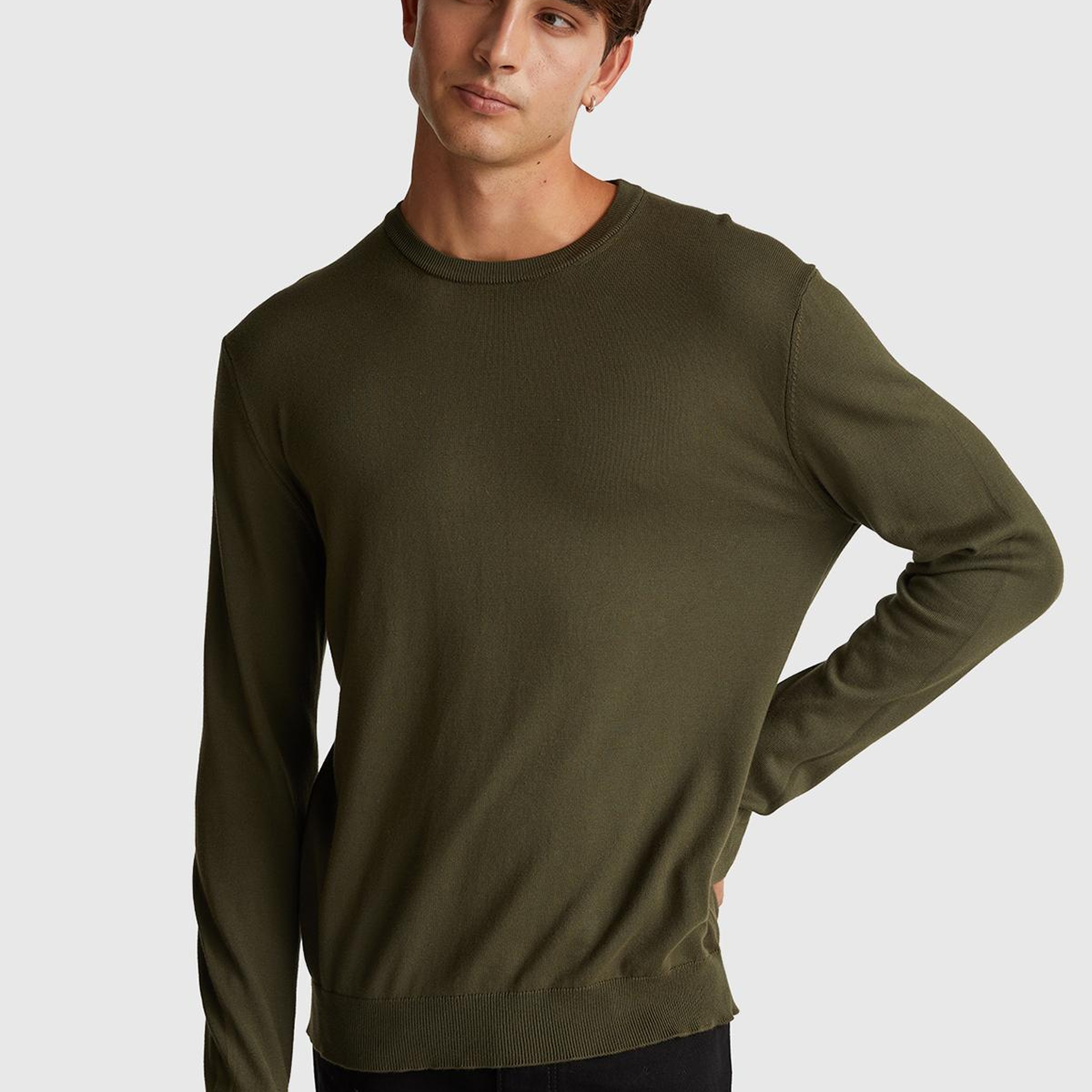 Erkek Haki  %100 Koton Bisiklet YakaKazak