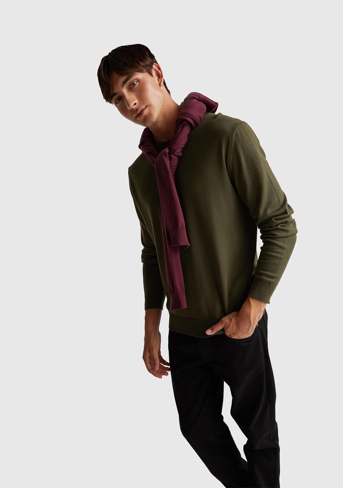 Erkek Haki  %100 Koton Bisiklet YakaKazak