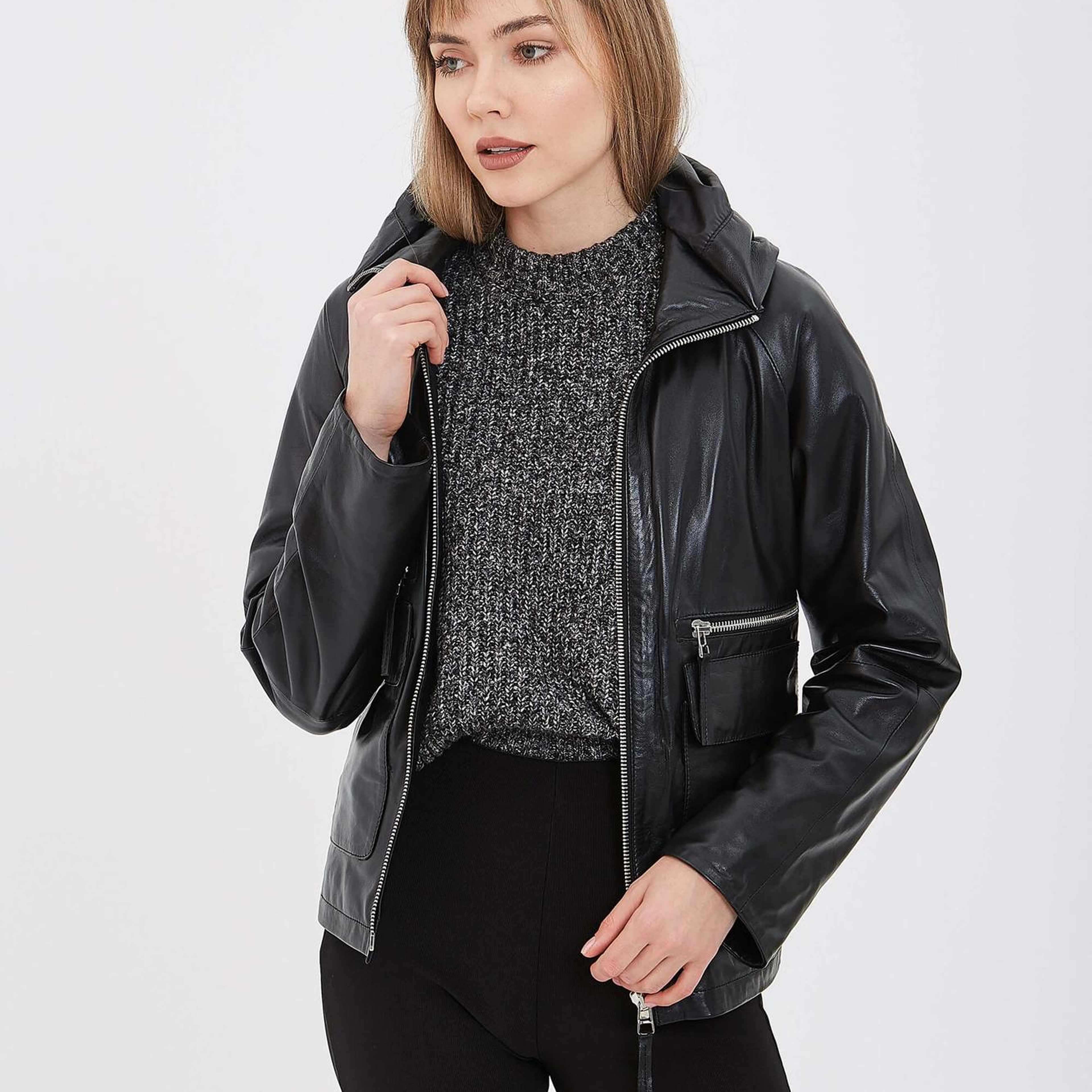 Tamer Tanca Kadın Hakiki Deri Siyah Deri Mont