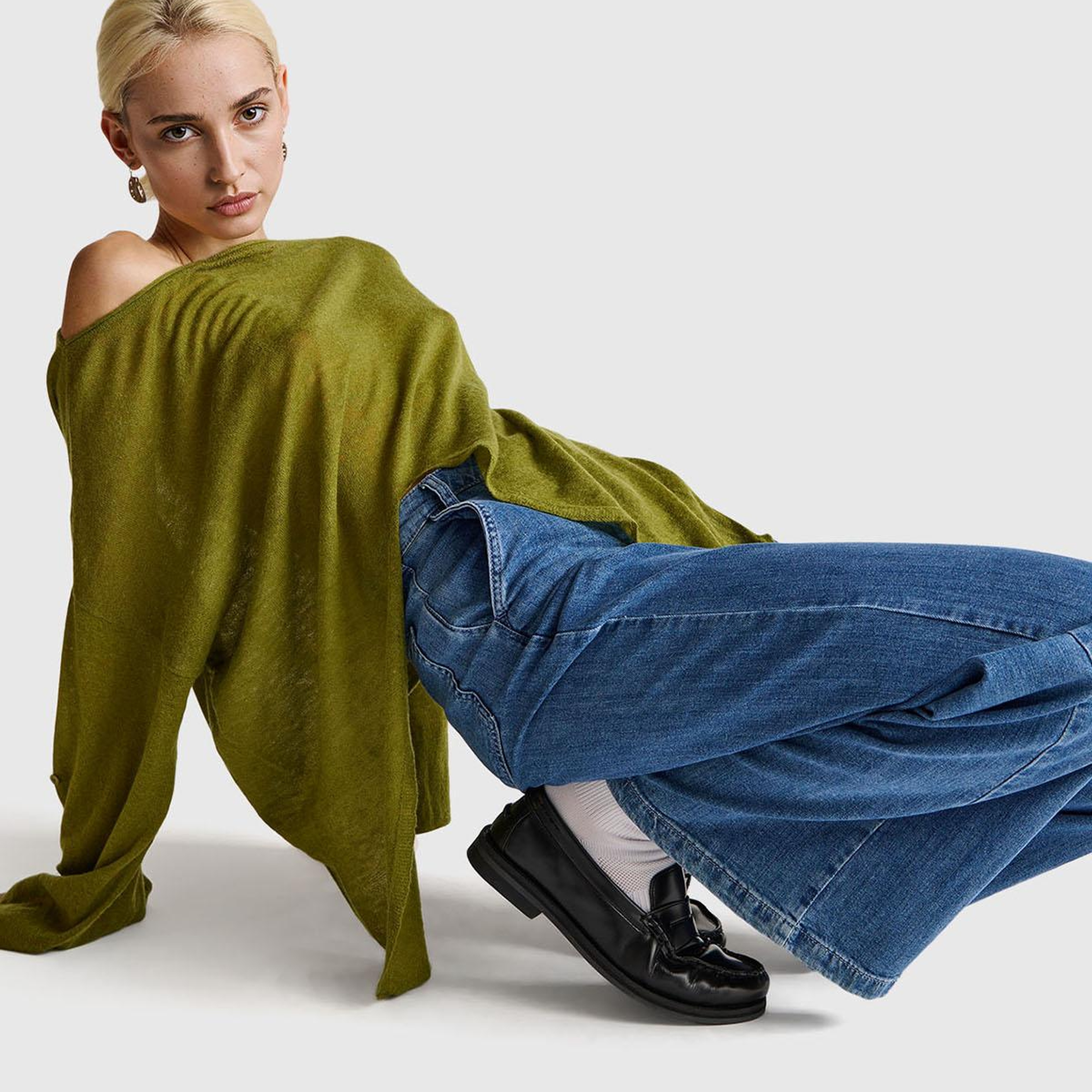 Kadın Haki Yeşili Alpaka ve Yün Karışımlı Düğme Detaylı Beli Bağlamalı Kazak