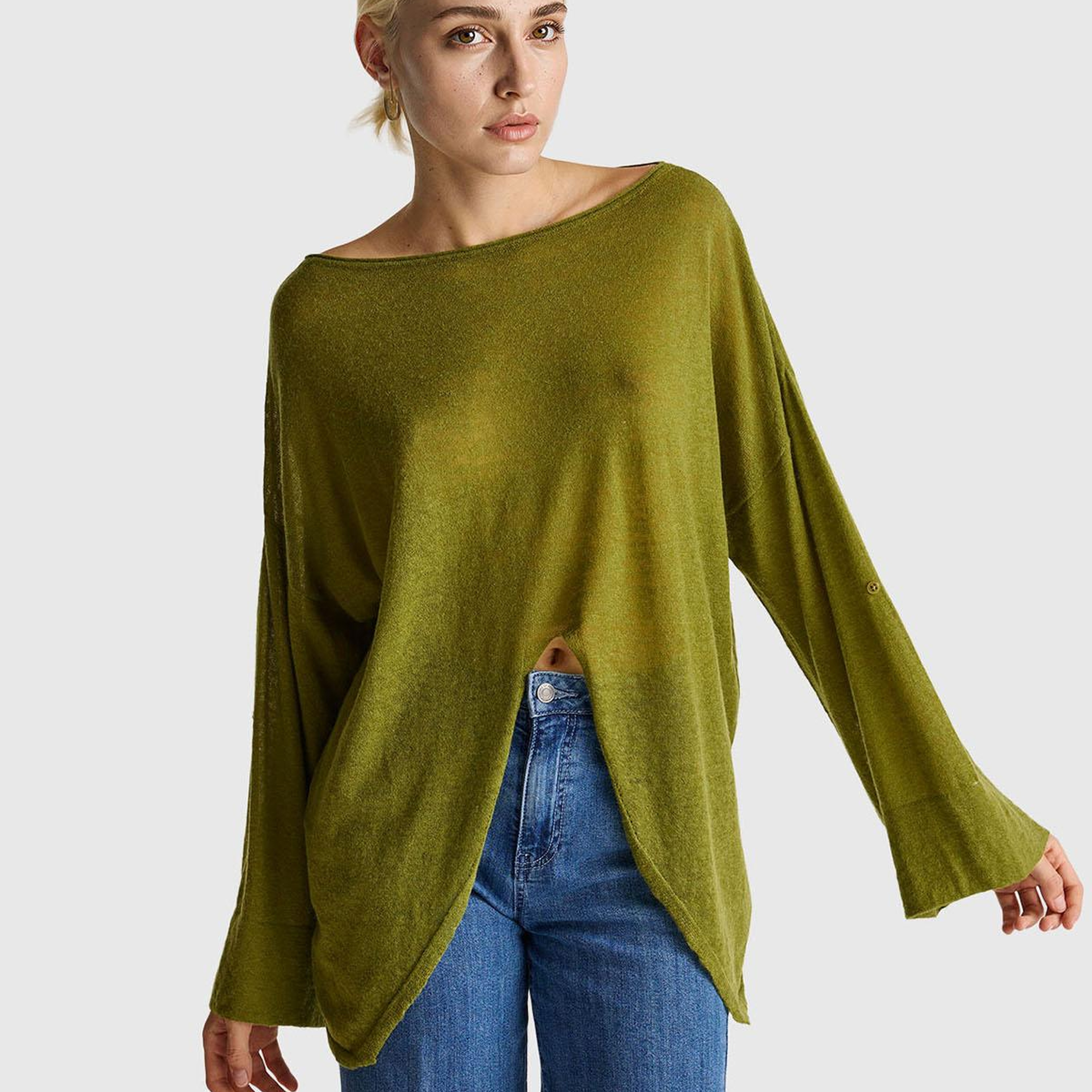 Kadın Haki Yeşili Alpaka ve Yün Karışımlı Düğme Detaylı Beli Bağlamalı Kazak