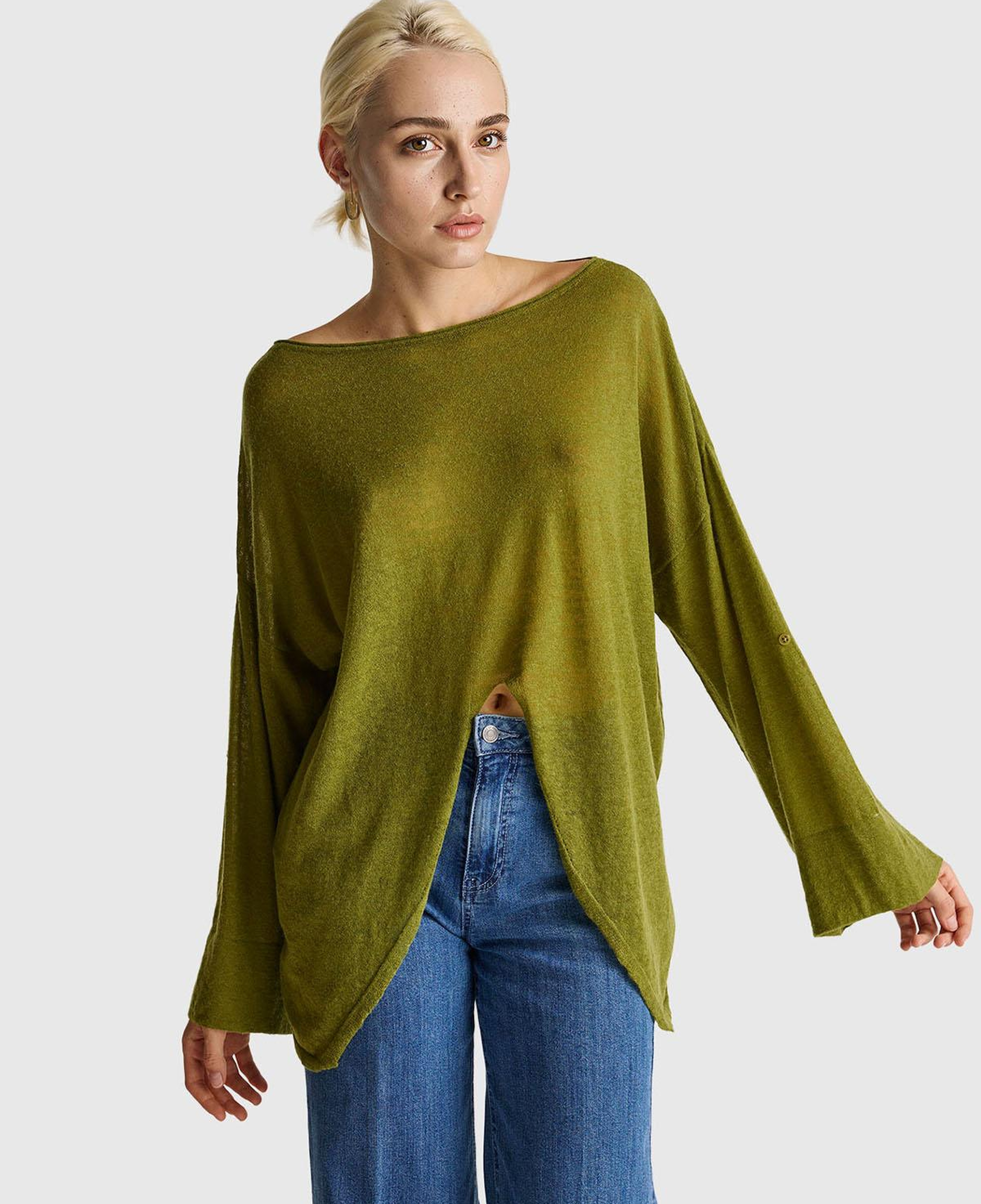 Kadın Haki Yeşili Alpaka ve Yün Karışımlı Düğme Detaylı Beli Bağlamalı Kazak