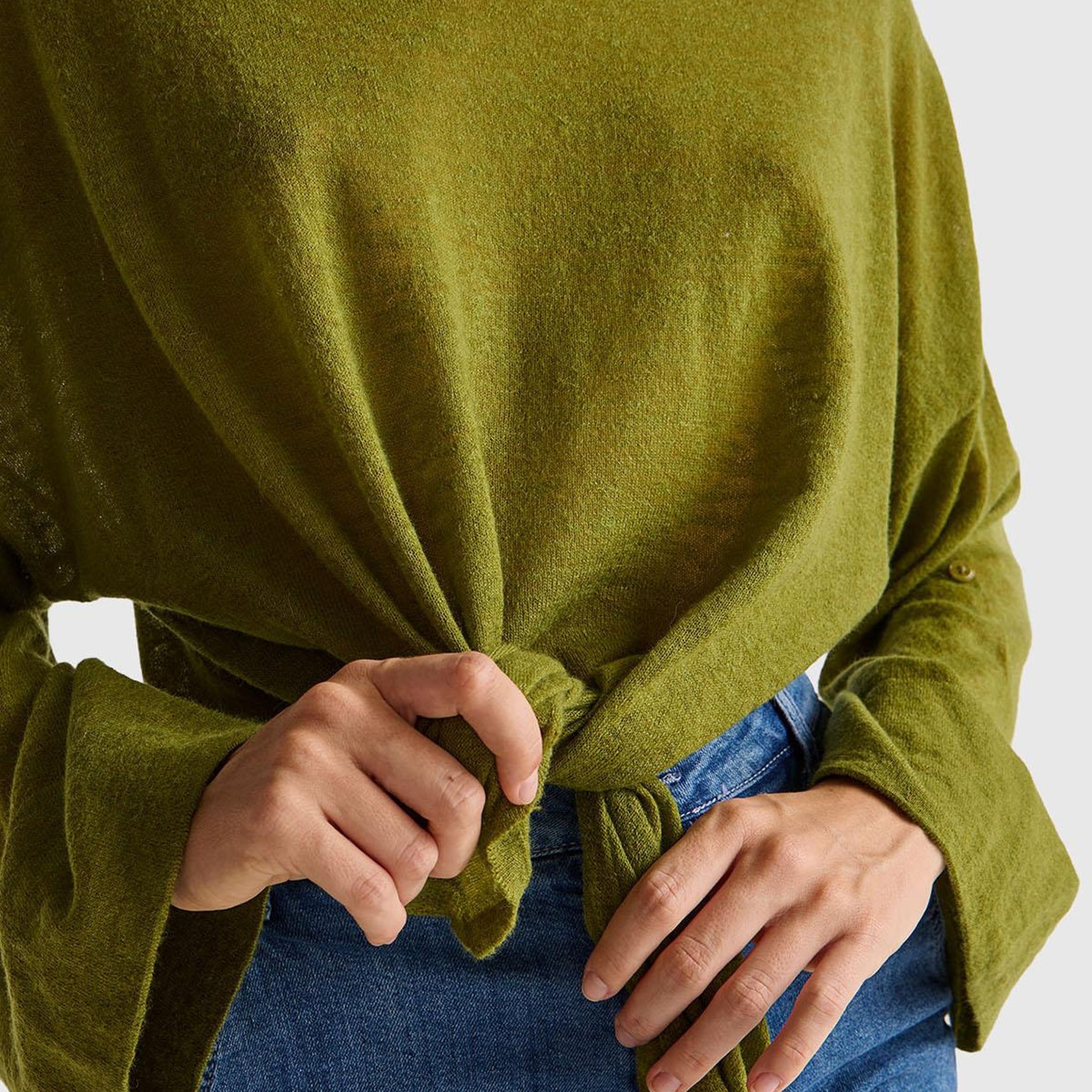 Kadın Haki Yeşili Alpaka ve Yün Karışımlı Düğme Detaylı Beli Bağlamalı Kazak