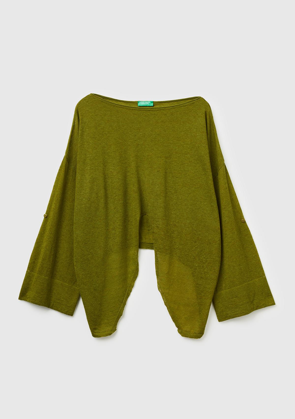 Kadın Haki Yeşili Alpaka ve Yün Karışımlı Düğme Detaylı Beli Bağlamalı Kazak