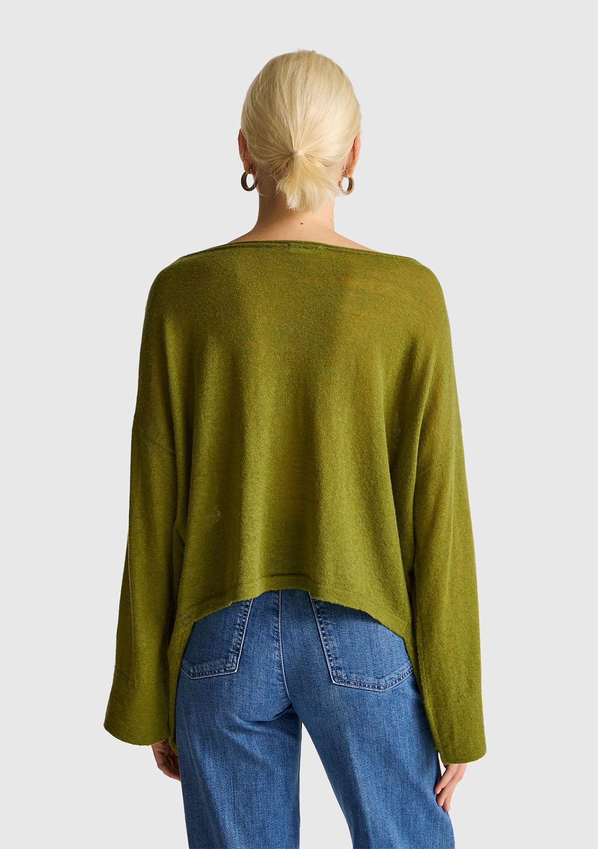 Kadın Haki Yeşili Alpaka ve Yün Karışımlı Düğme Detaylı Beli Bağlamalı Kazak