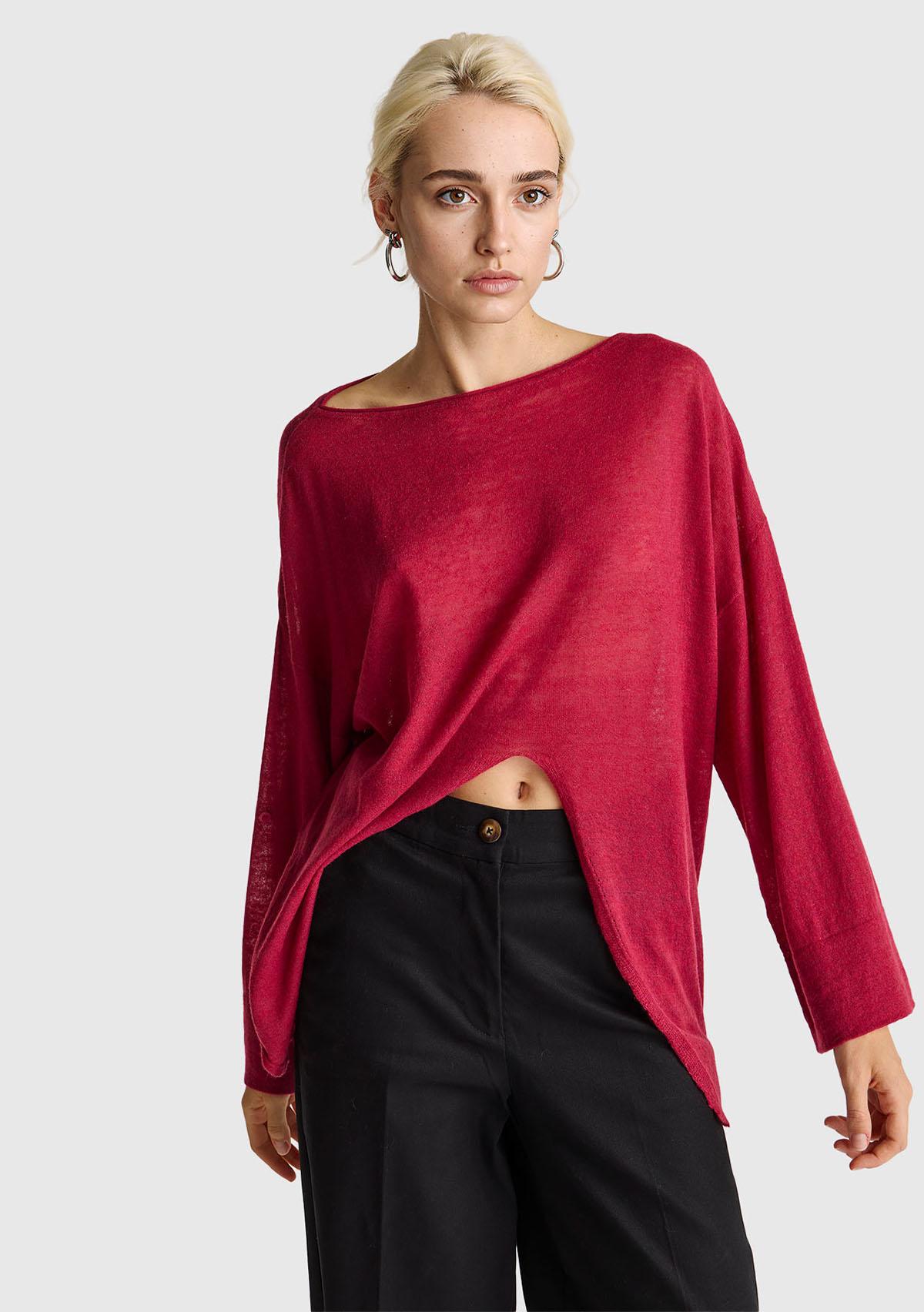 Kadın Fuşya Alpaka ve Yün Karışımlı Düğme Detaylı Beli Bağlamalı Kazak