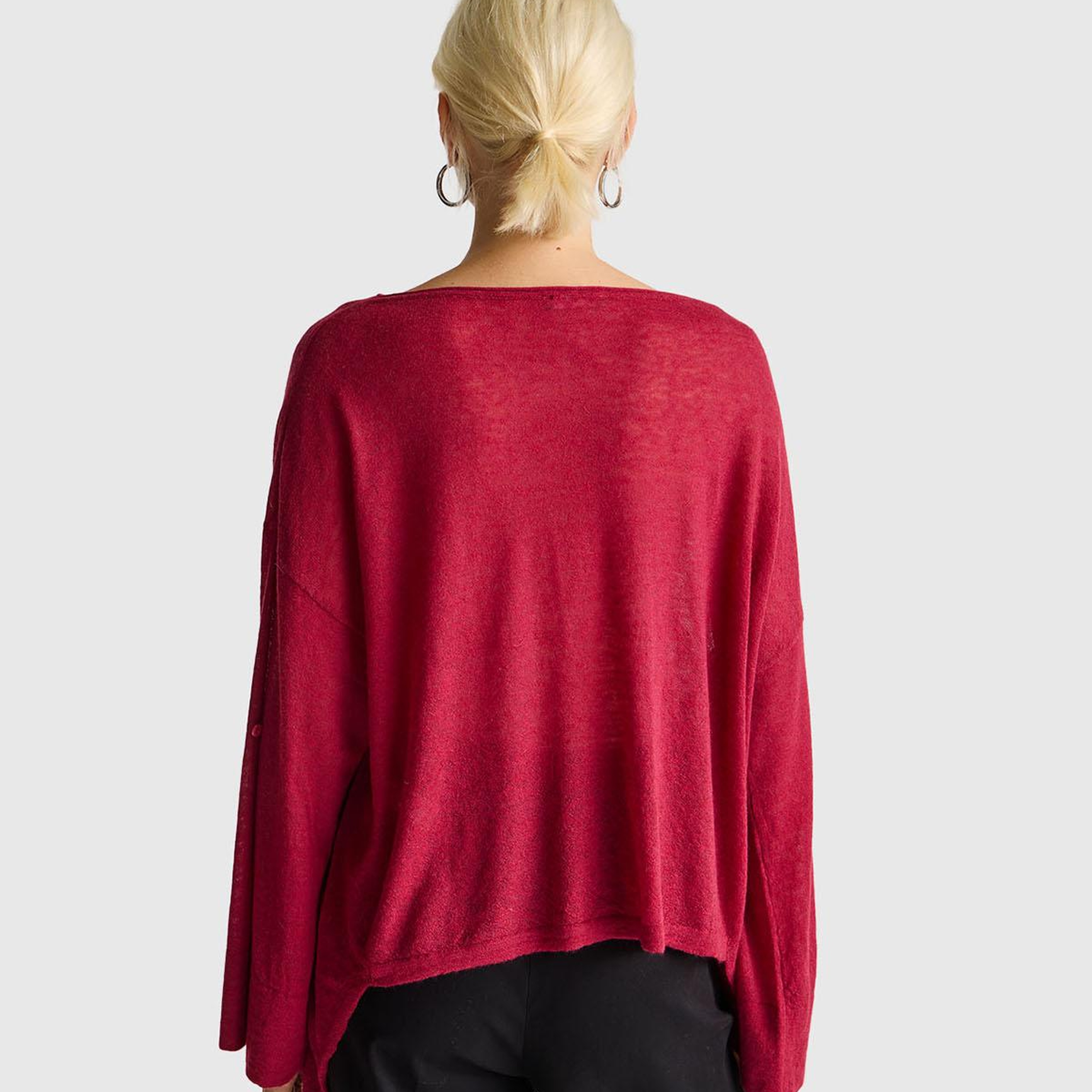 Kadın Fuşya Alpaka ve Yün Karışımlı Düğme Detaylı Beli Bağlamalı Kazak