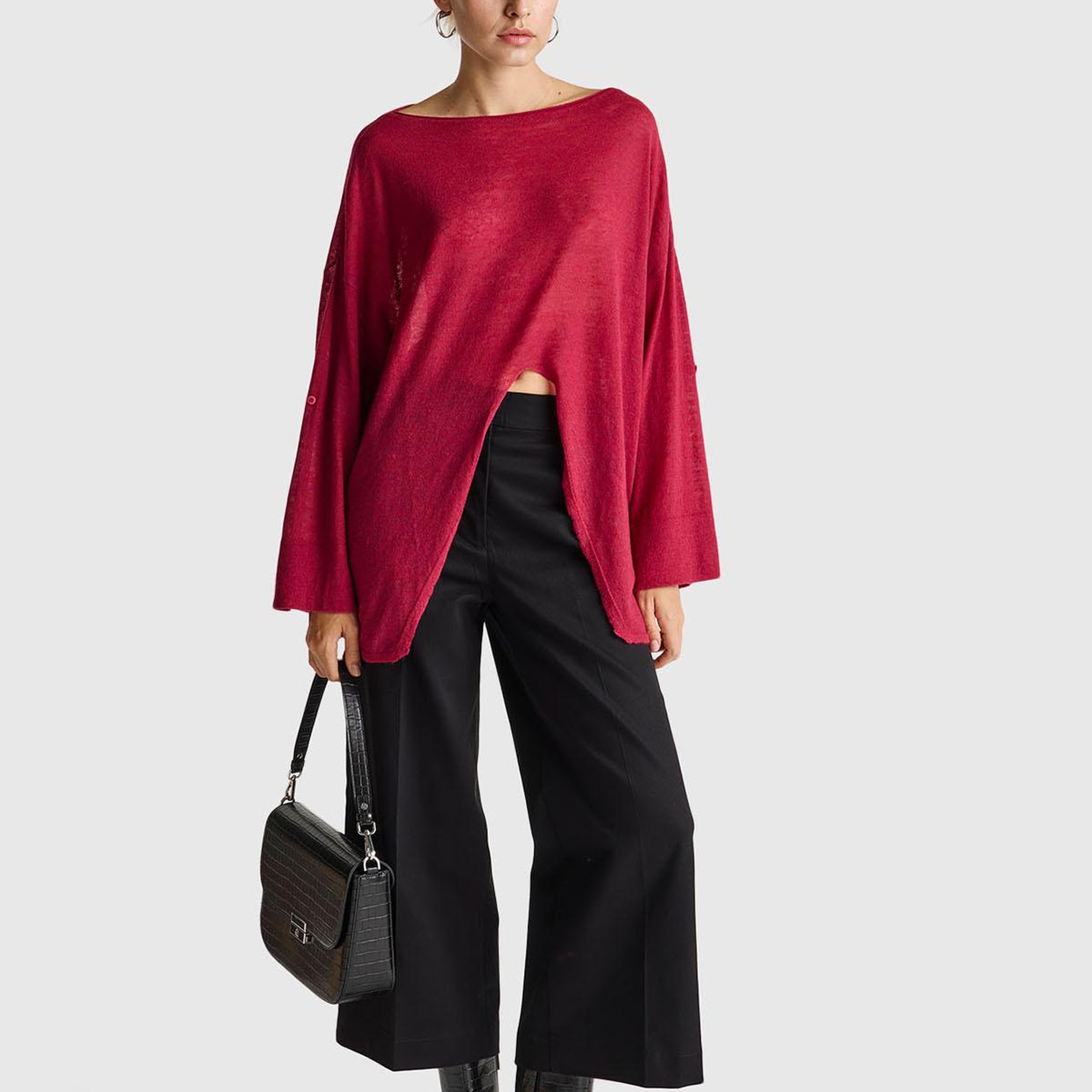 Kadın Fuşya Alpaka ve Yün Karışımlı Düğme Detaylı Beli Bağlamalı Kazak