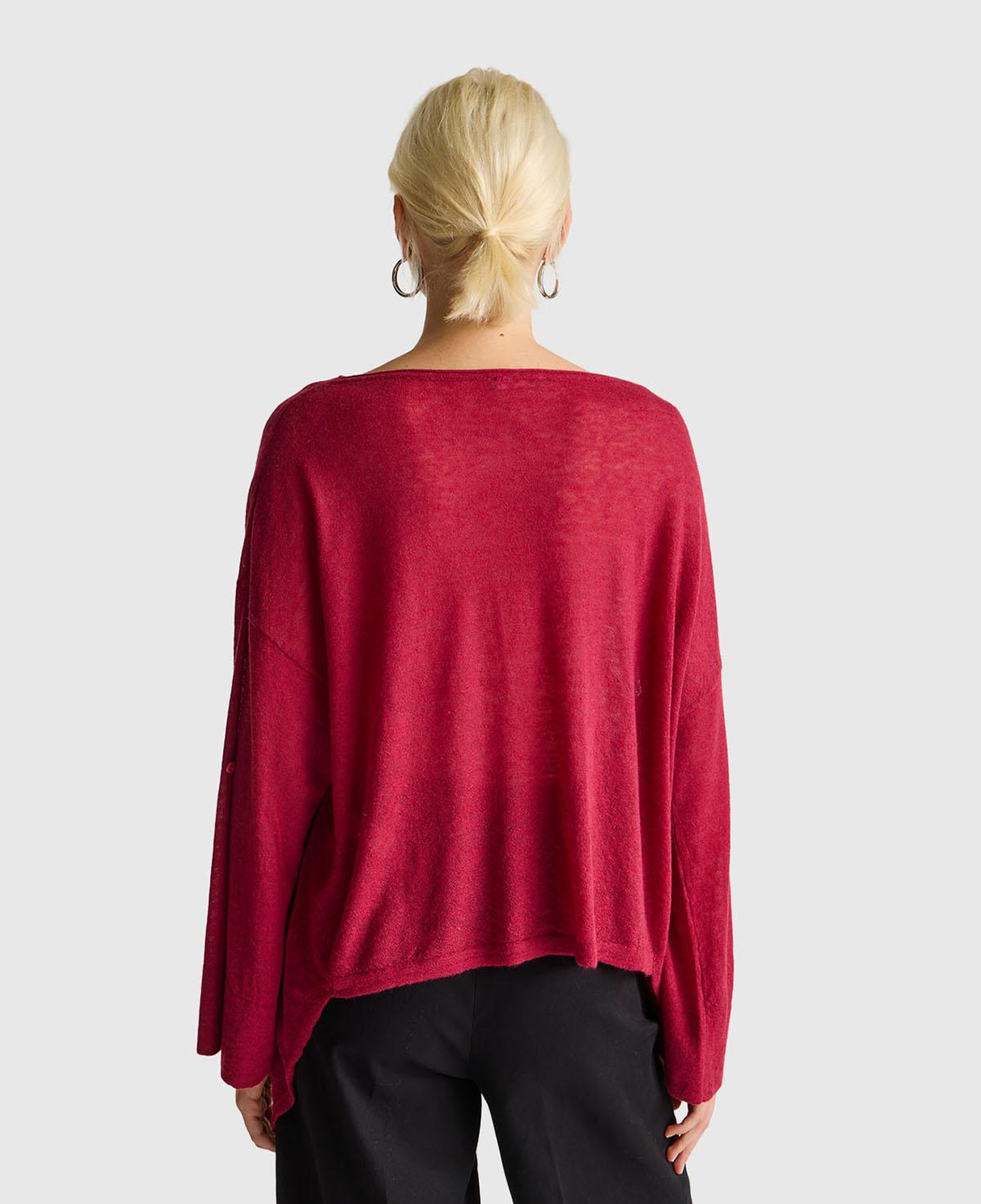 Kadın Fuşya Alpaka ve Yün Karışımlı Düğme Detaylı Beli Bağlamalı Kazak