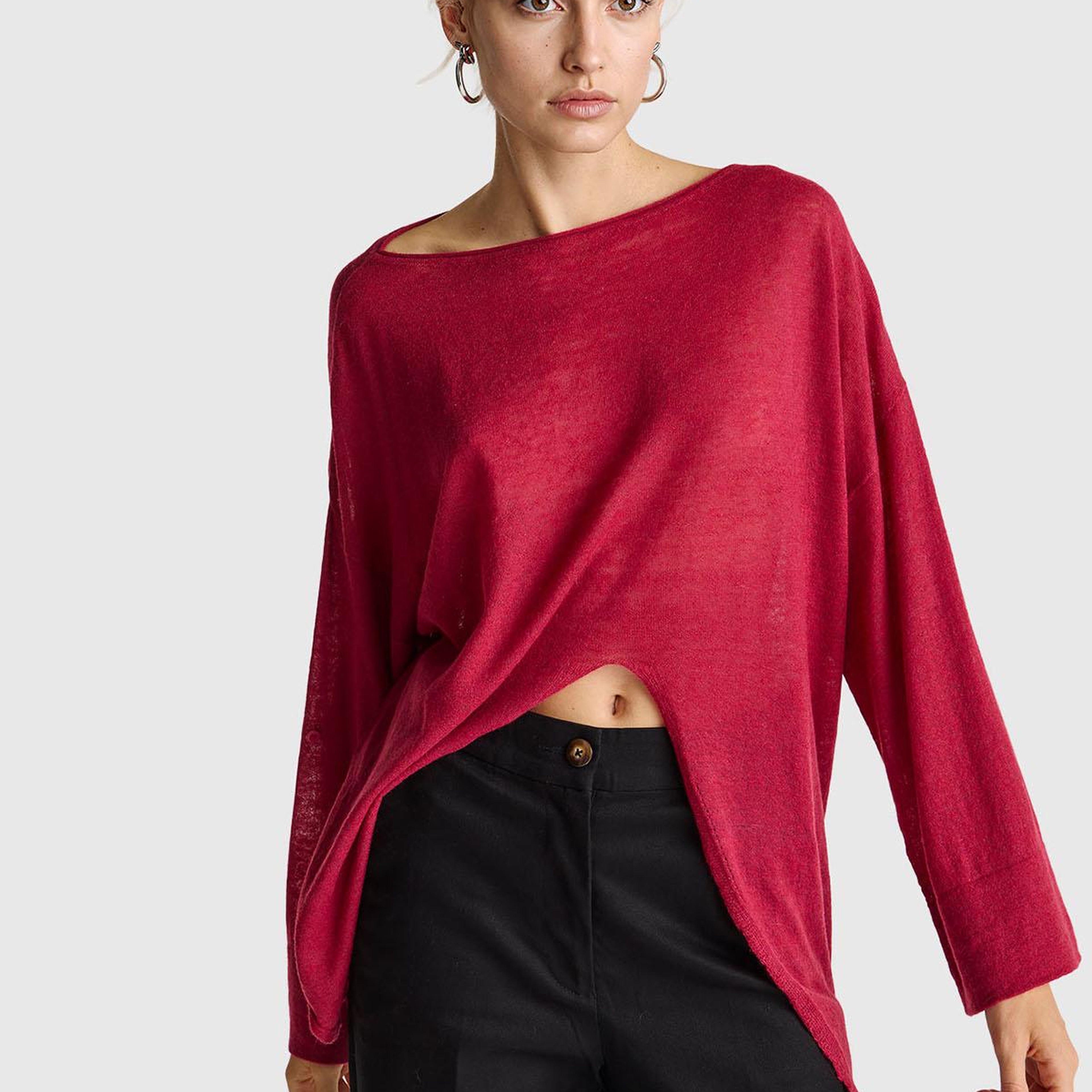 Kadın Fuşya Alpaka ve Yün Karışımlı Düğme Detaylı Beli Bağlamalı Kazak