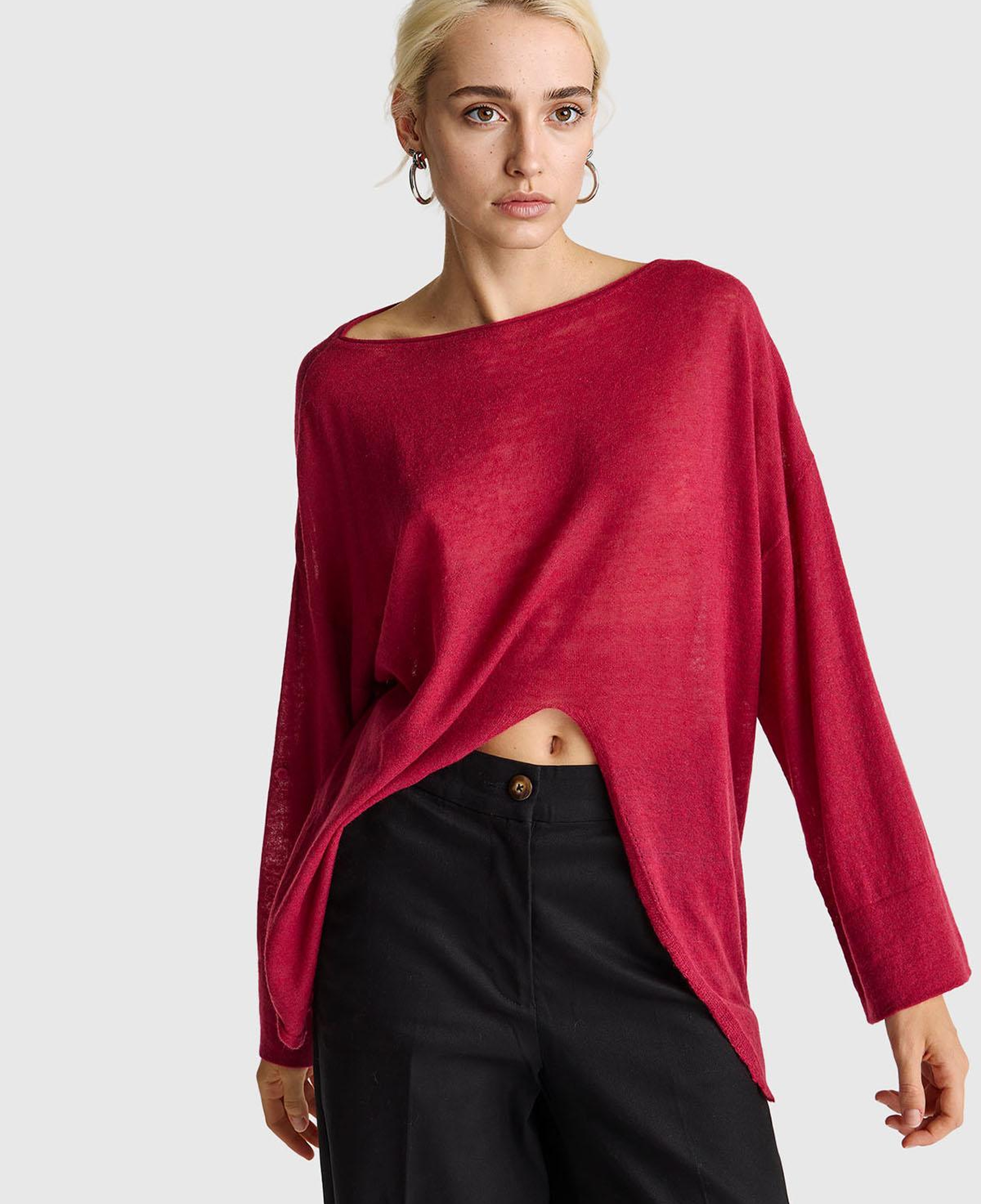 Kadın Fuşya Alpaka ve Yün Karışımlı Düğme Detaylı Beli Bağlamalı Kazak