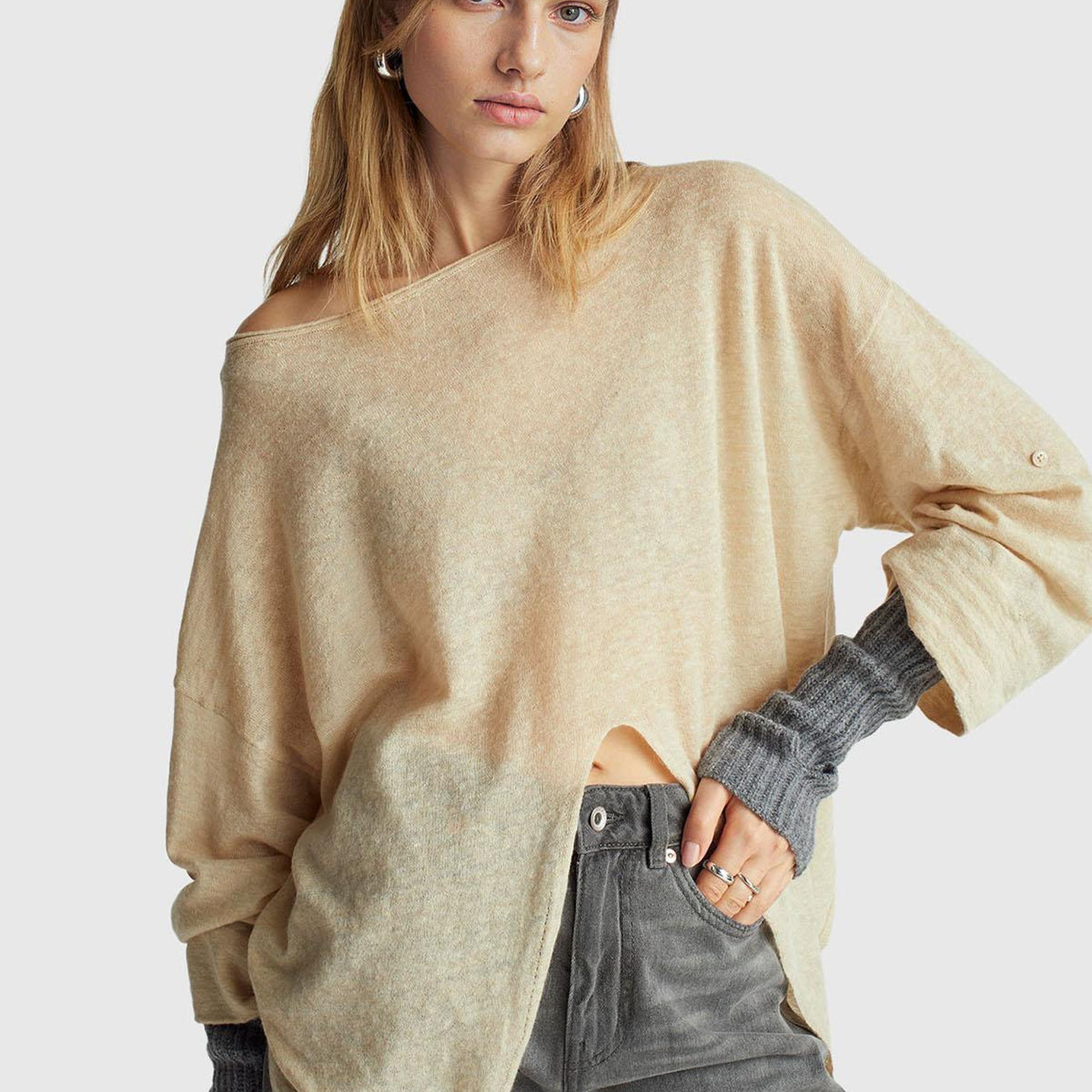 Kadın Ekru Alpaka ve Yün Karışımlı Düğme Detaylı Beli Bağlamalı Kazak