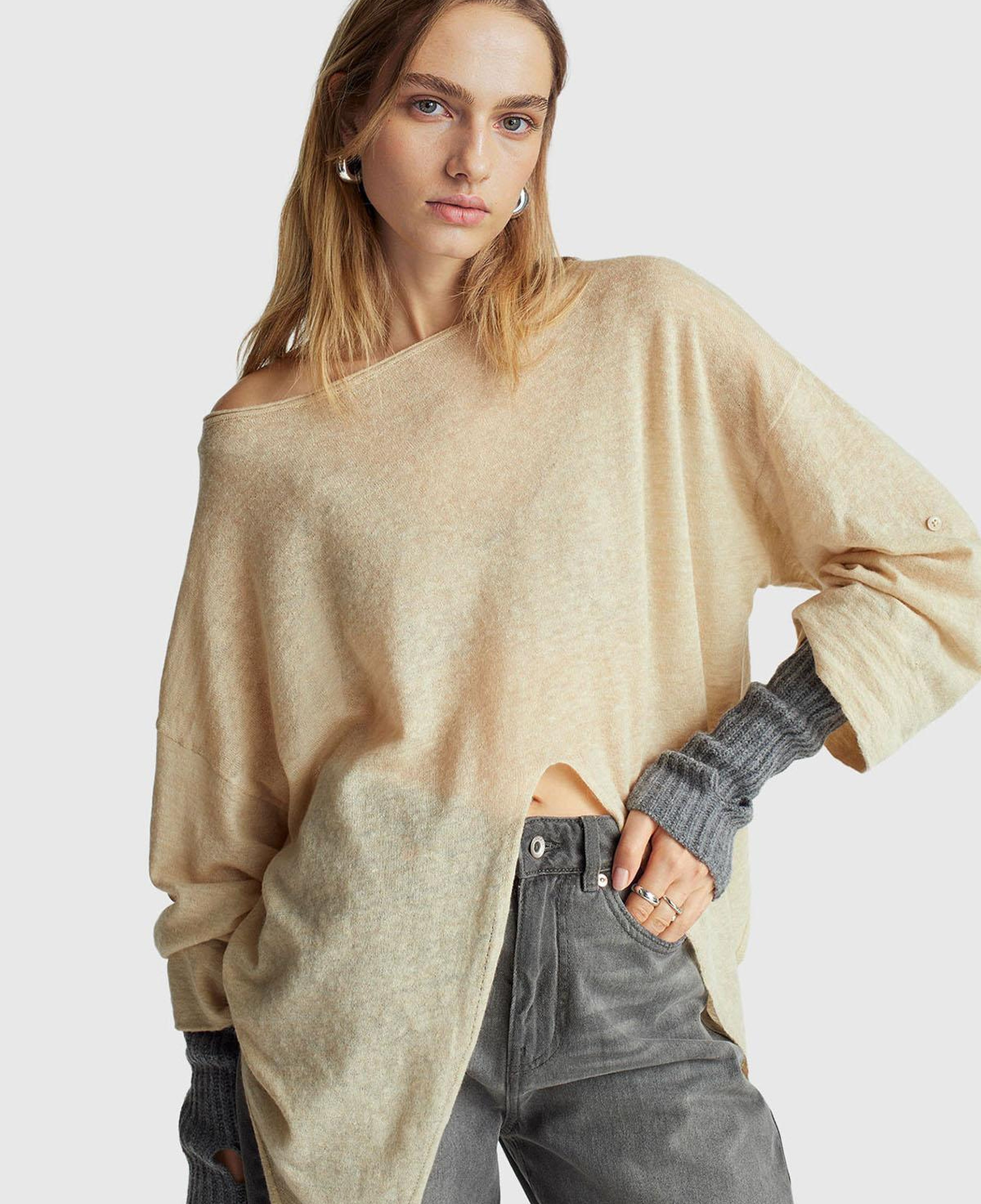 Kadın Ekru Alpaka ve Yün Karışımlı Düğme Detaylı Beli Bağlamalı Kazak