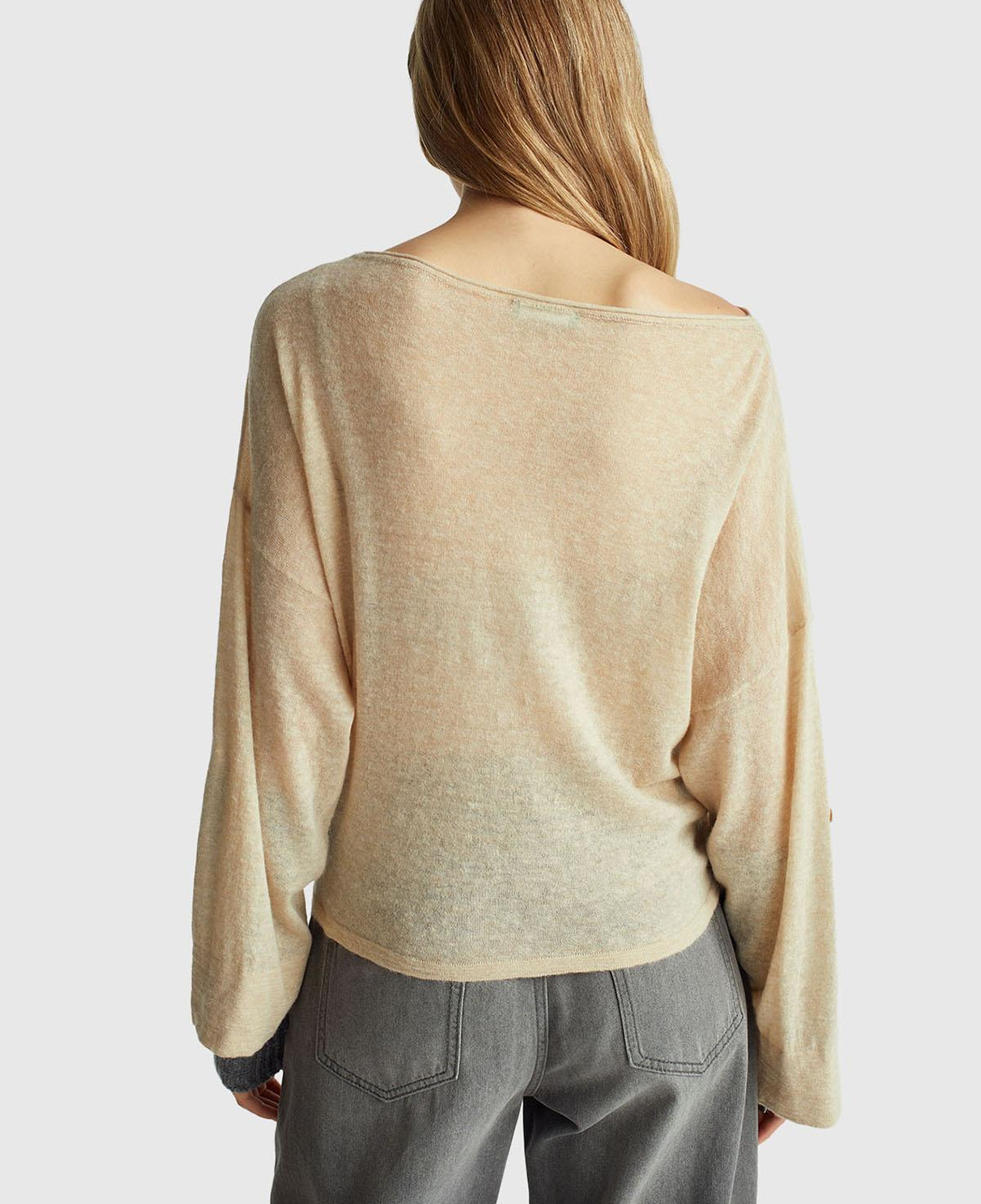 Kadın Ekru Alpaka ve Yün Karışımlı Düğme Detaylı Beli Bağlamalı Kazak