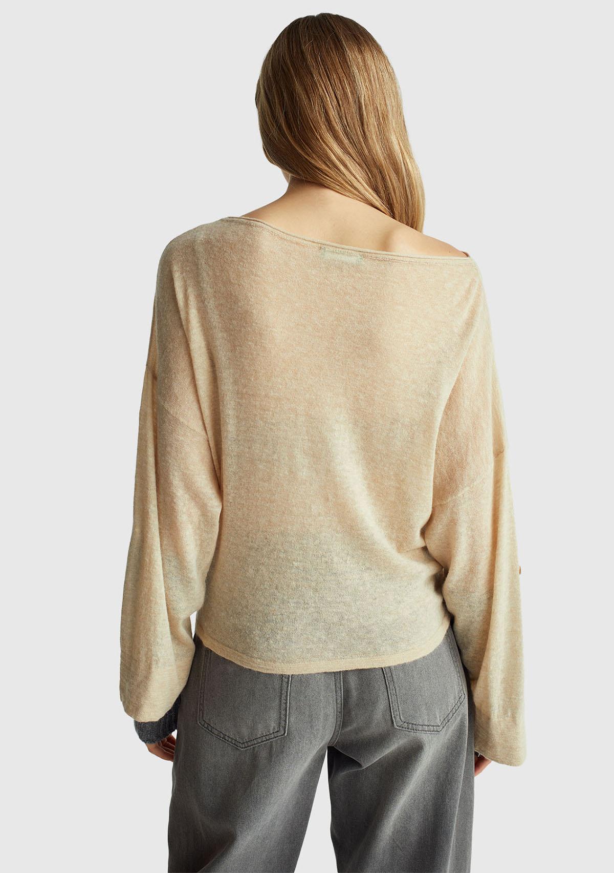 Kadın Ekru Alpaka ve Yün Karışımlı Düğme Detaylı Beli Bağlamalı Kazak