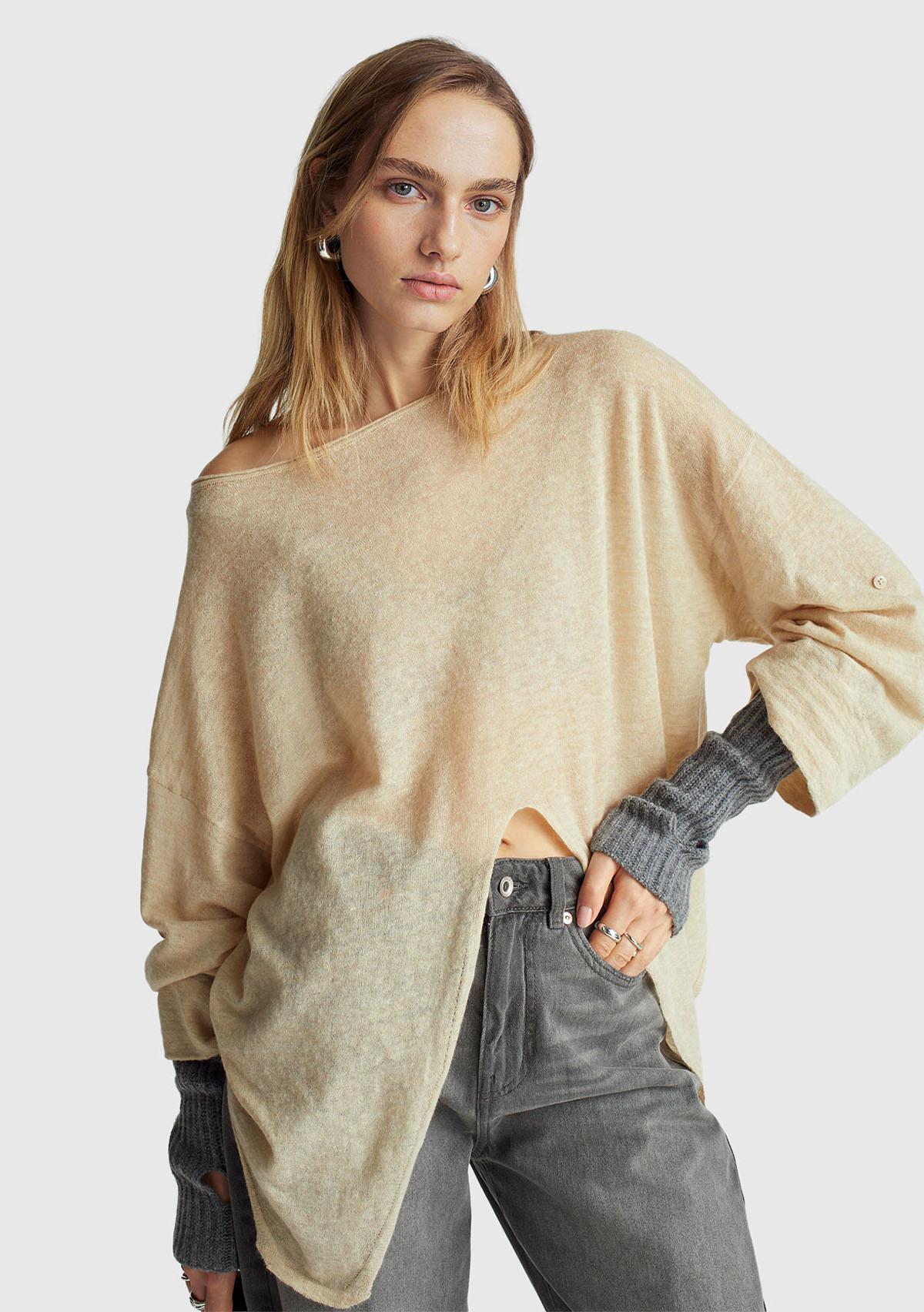 Kadın Ekru Alpaka ve Yün Karışımlı Düğme Detaylı Beli Bağlamalı Kazak