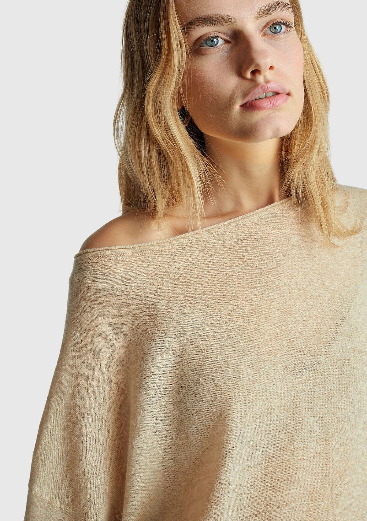 Kadın Ekru Alpaka ve Yün Karışımlı Düğme Detaylı Beli Bağlamalı Kazak