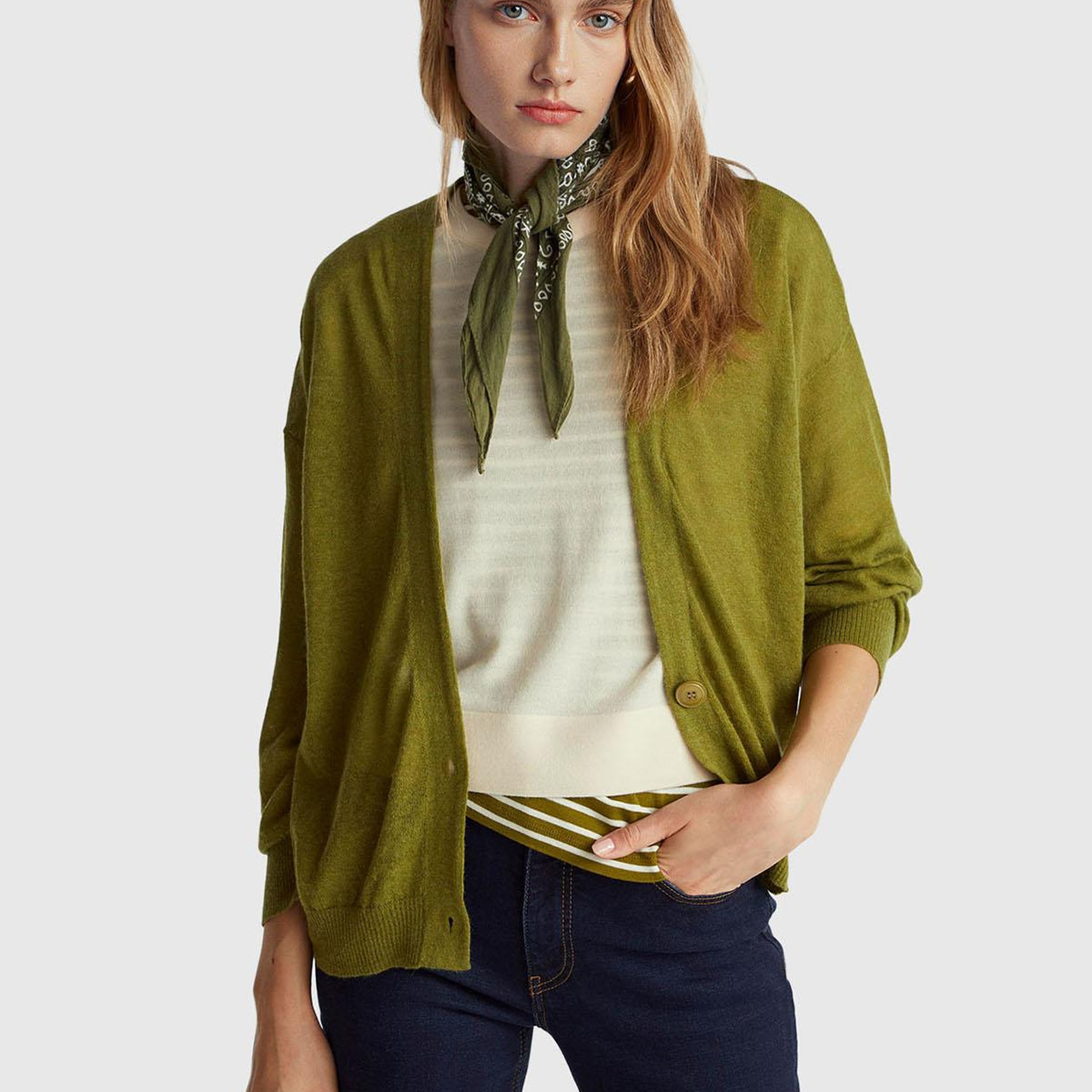 Kadın Haki Yeşili Alpaka ve Yün Karışımlı Ribana Detaylı Düğmeli Hırka