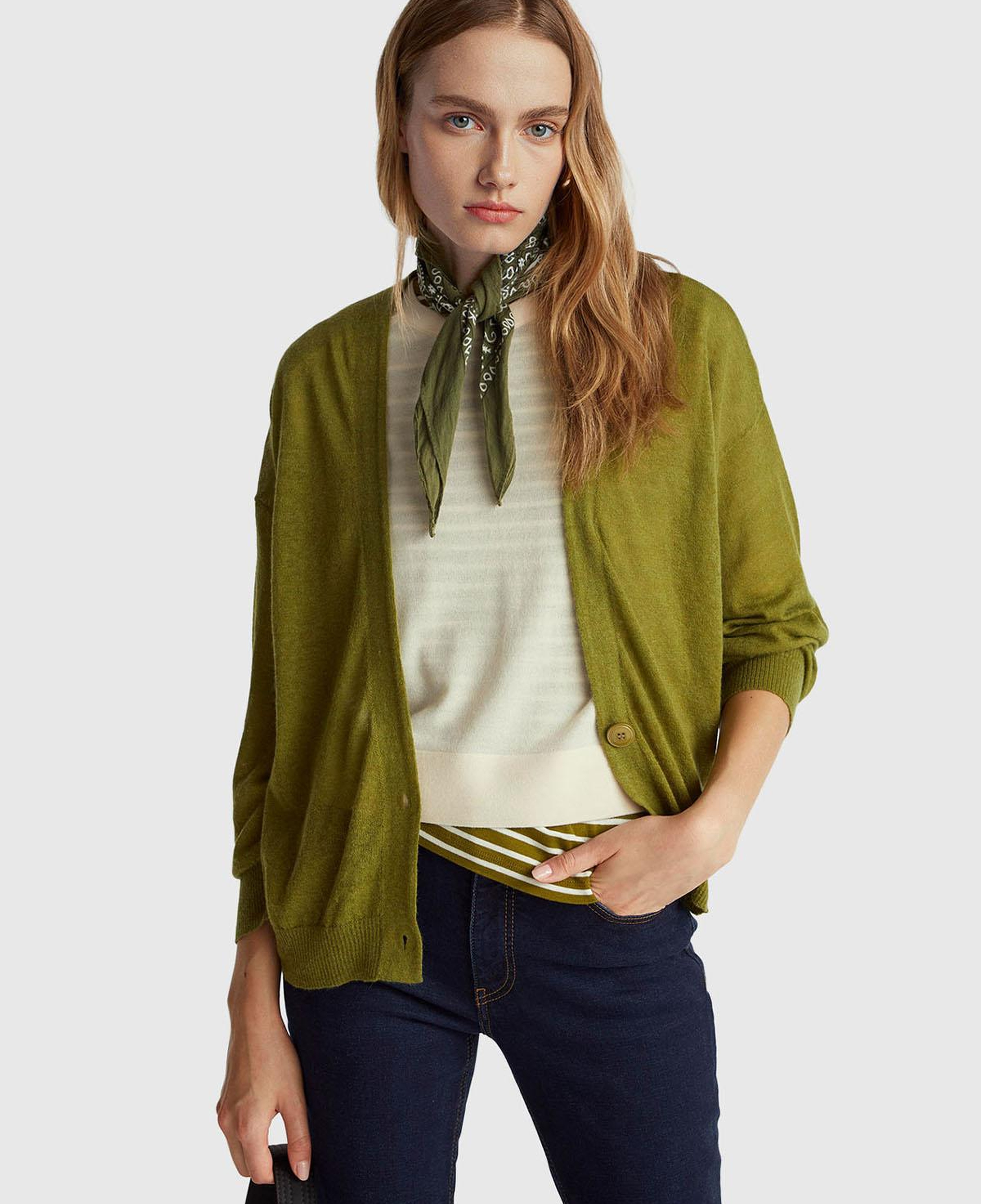 Kadın Haki Yeşili Alpaka ve Yün Karışımlı Ribana Detaylı Düğmeli Hırka