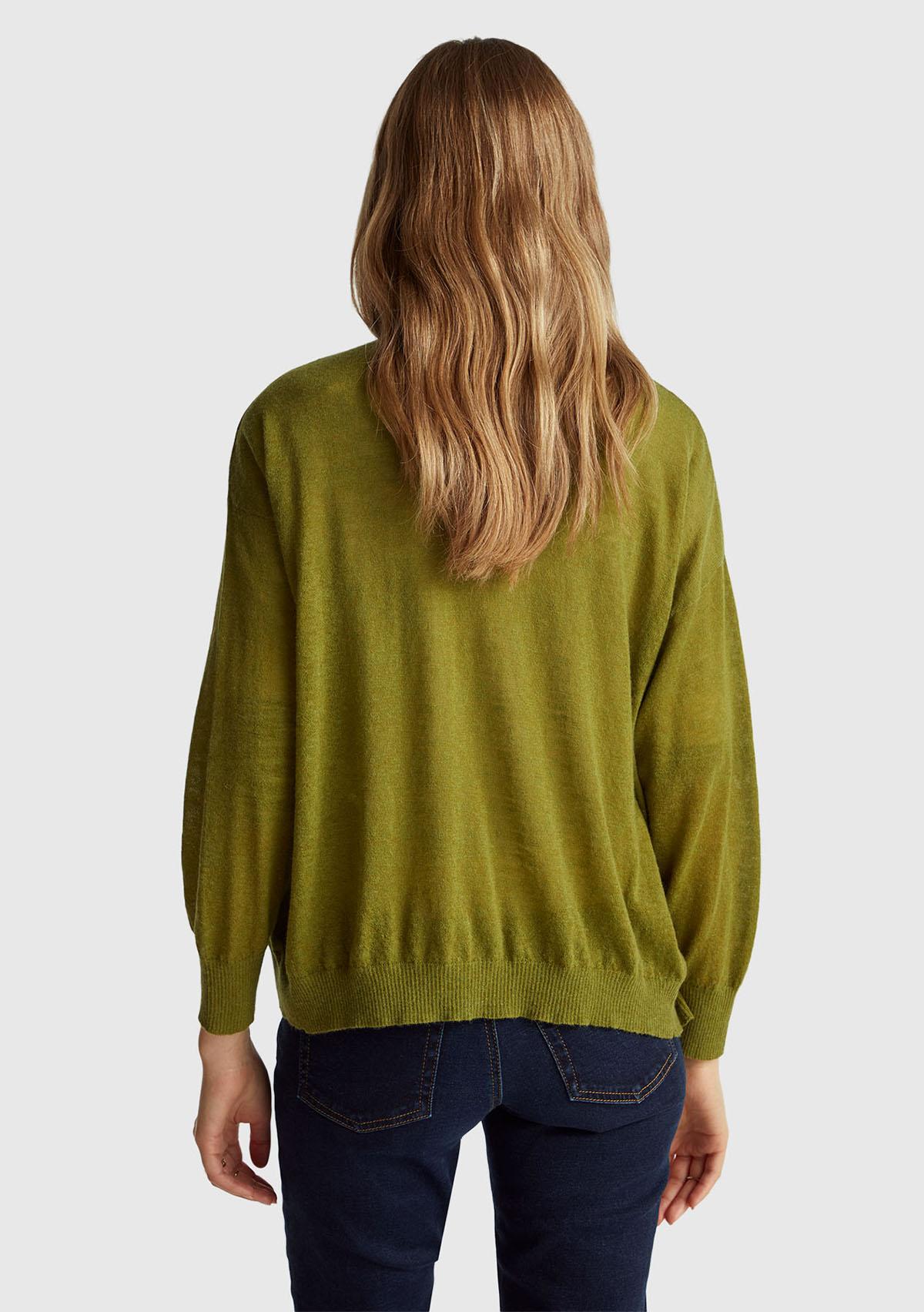 Kadın Haki Yeşili Alpaka ve Yün Karışımlı Ribana Detaylı Düğmeli Hırka