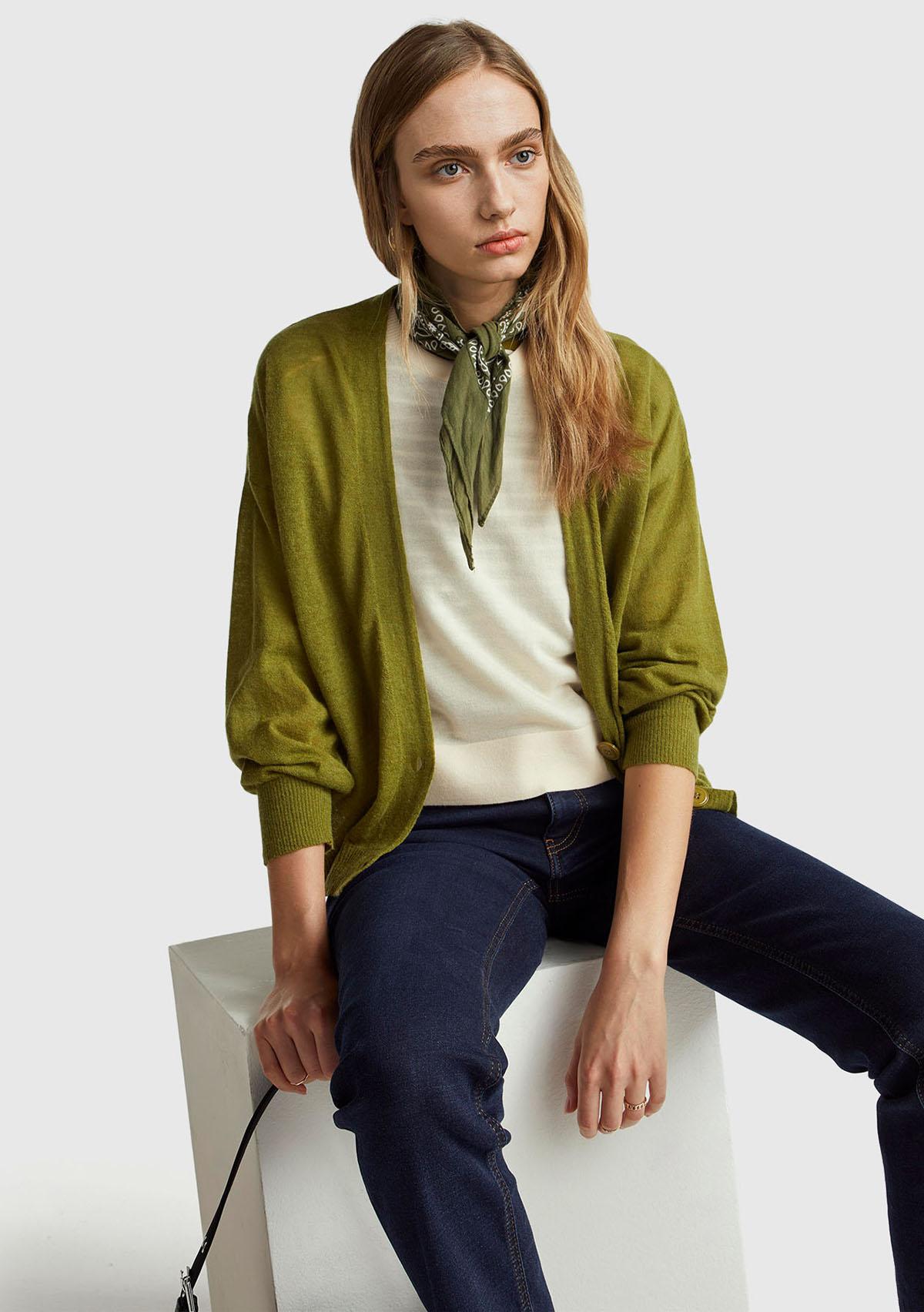 Kadın Haki Yeşili Alpaka ve Yün Karışımlı Ribana Detaylı Düğmeli Hırka