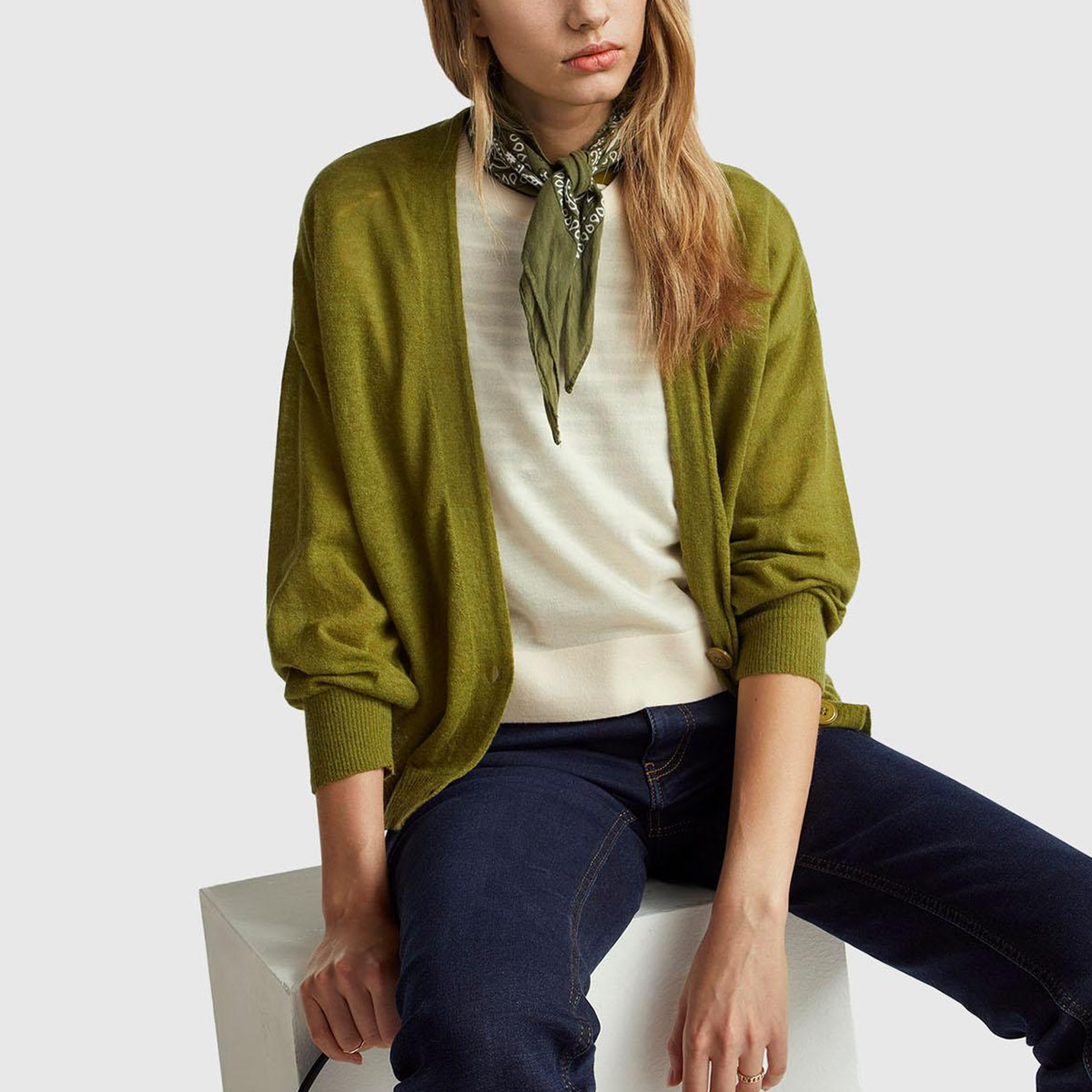 Kadın Haki Yeşili Alpaka ve Yün Karışımlı Ribana Detaylı Düğmeli Hırka