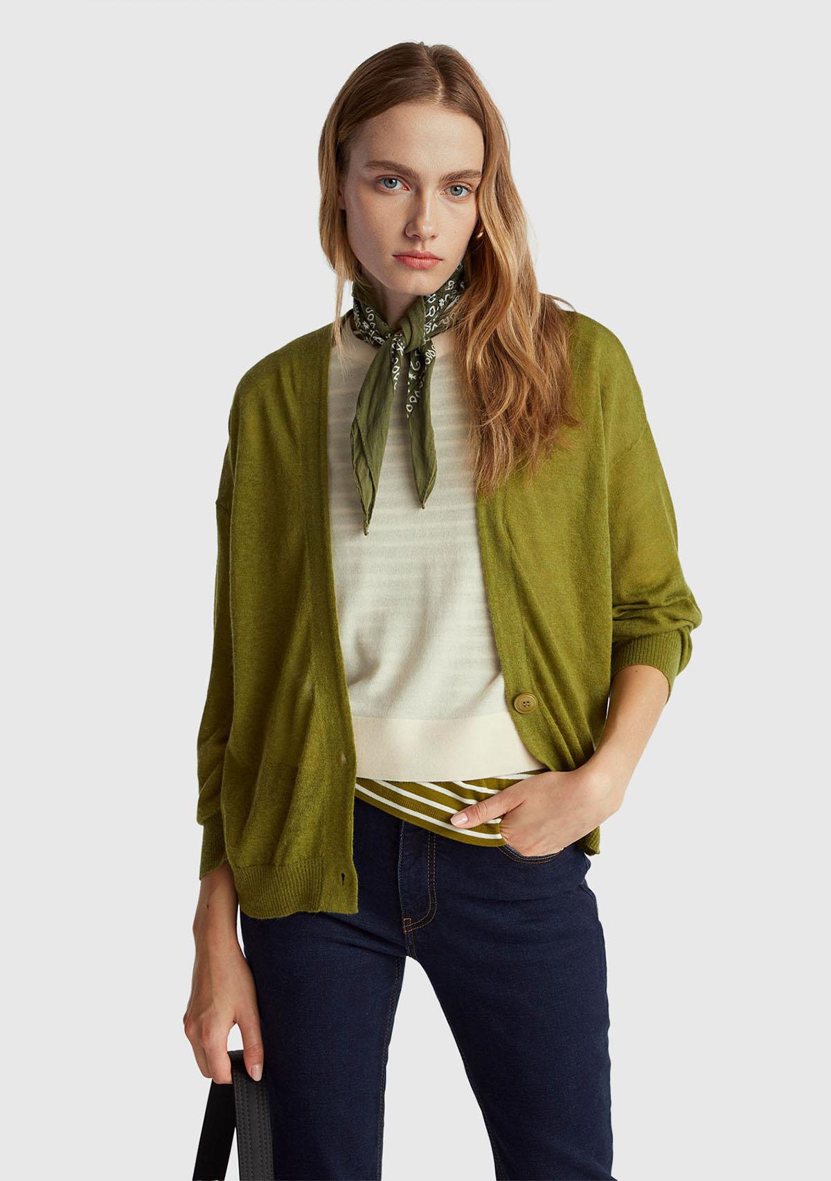 Kadın Haki Yeşili Alpaka ve Yün Karışımlı Ribana Detaylı Düğmeli Hırka