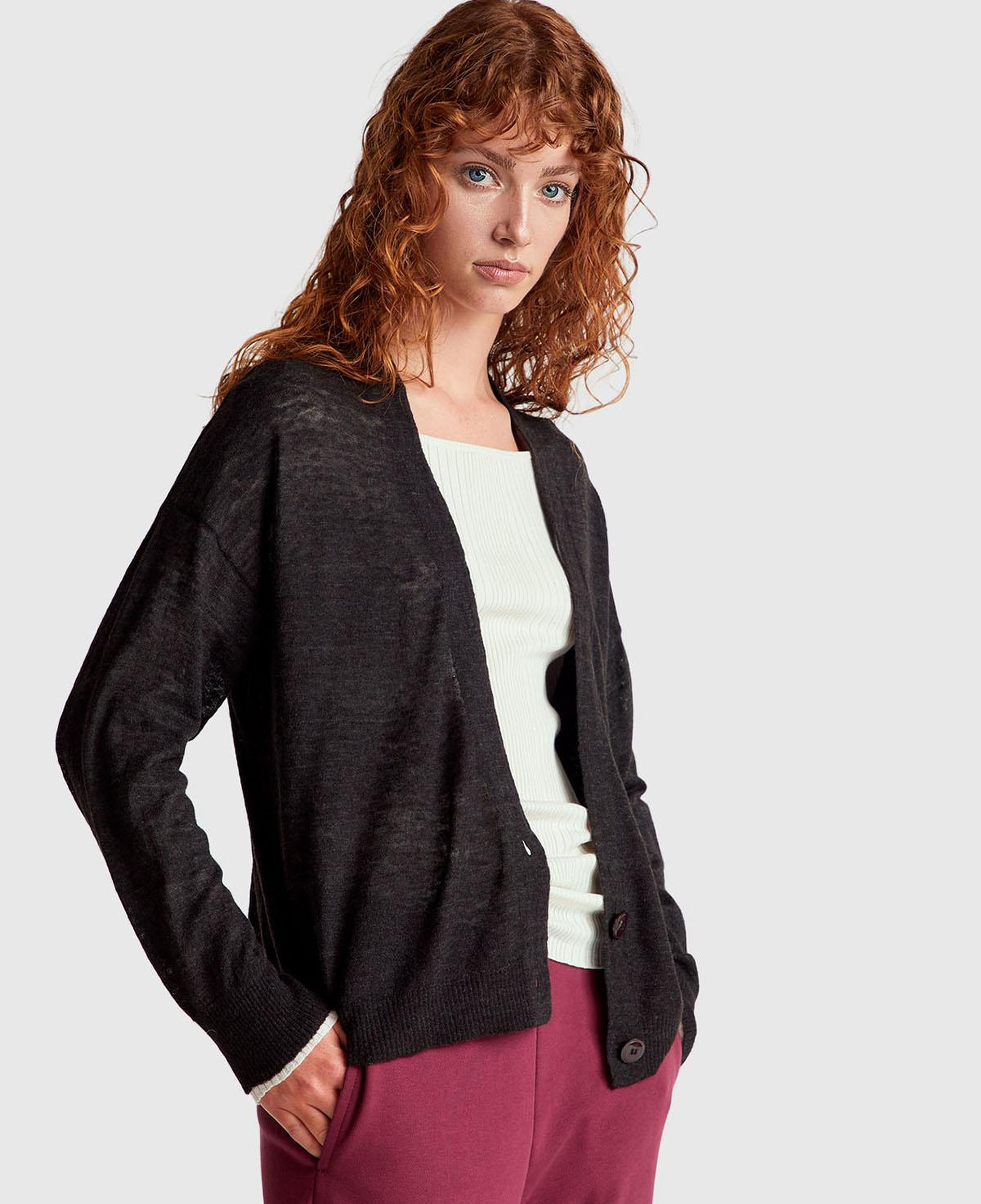 Kadın Siyah Alpaka ve Yün Karışımlı Ribana Detaylı Düğmeli Hırka