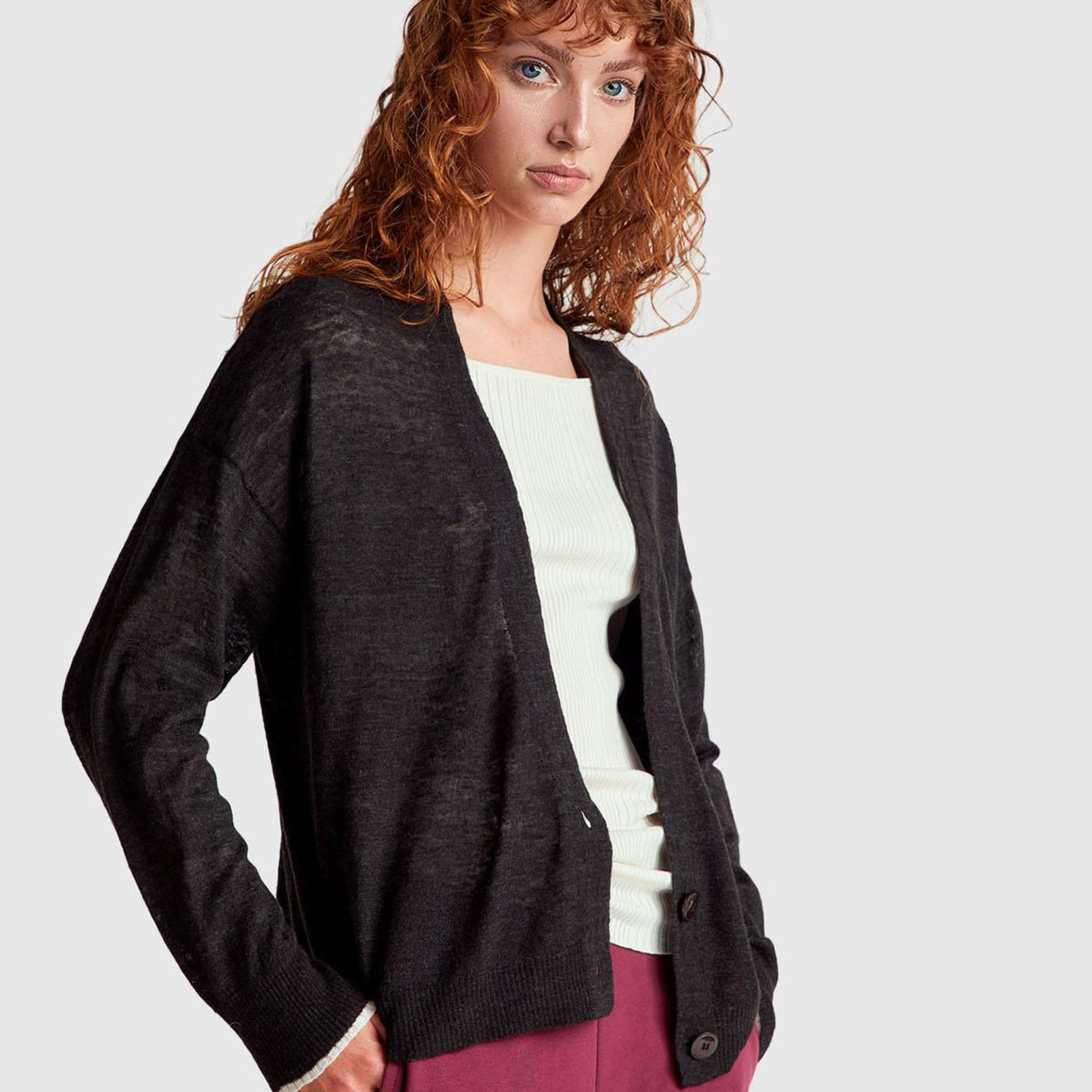 Kadın Siyah Alpaka ve Yün Karışımlı Ribana Detaylı Düğmeli Hırka