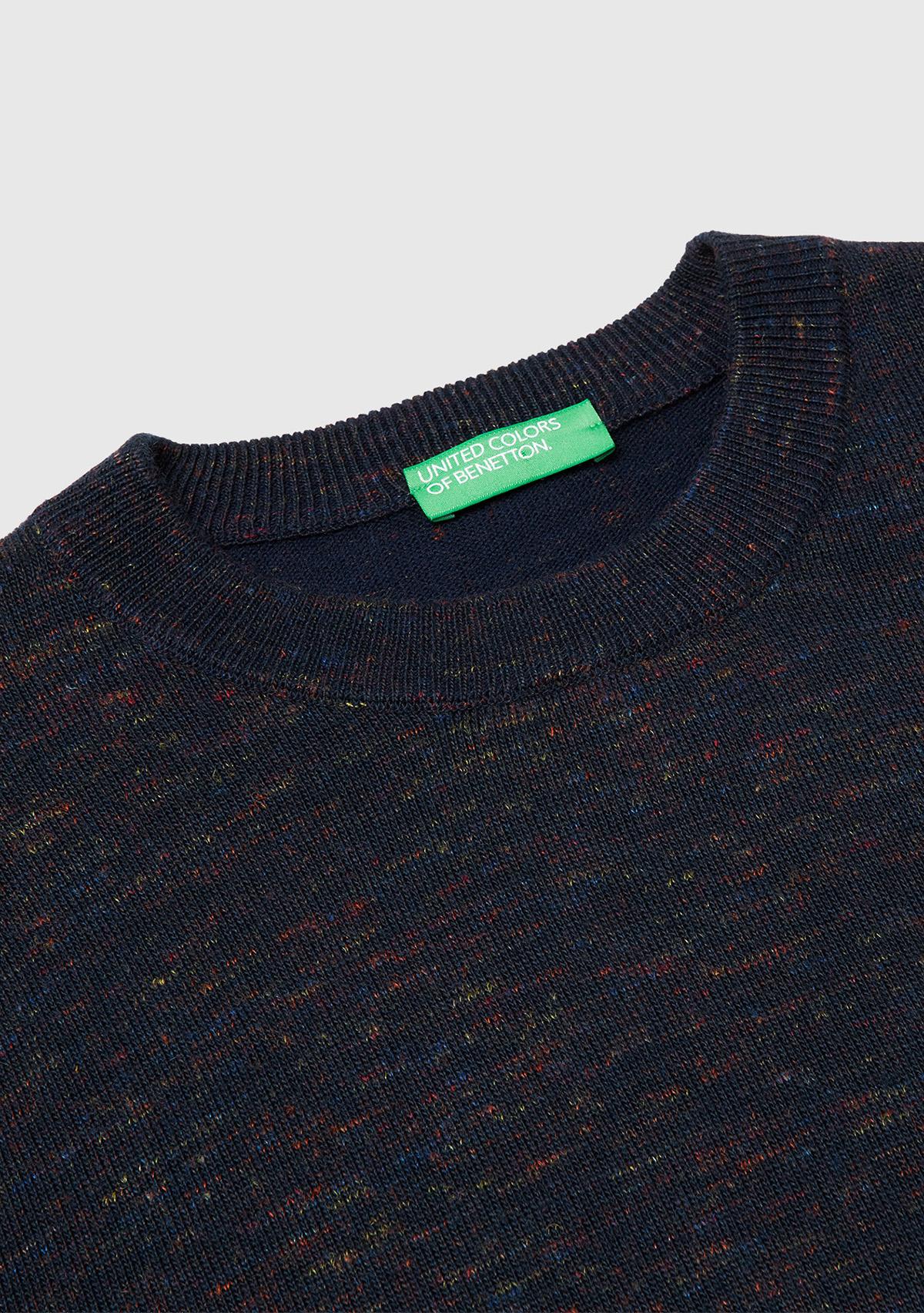 Erkek Lacivert Yün Karışımlı Bisiklet Yaka  Çoklu Renk Efekli Triko