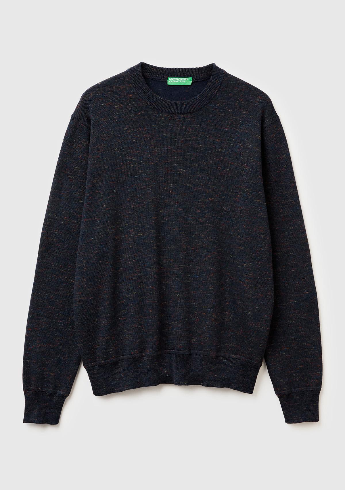 Erkek Lacivert Yün Karışımlı Bisiklet Yaka  Çoklu Renk Efekli Triko