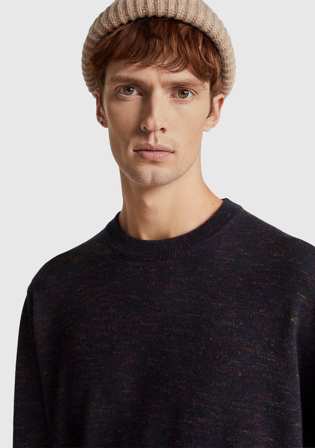 Erkek Lacivert Yün Karışımlı Bisiklet Yaka  Çoklu Renk Efekli Triko