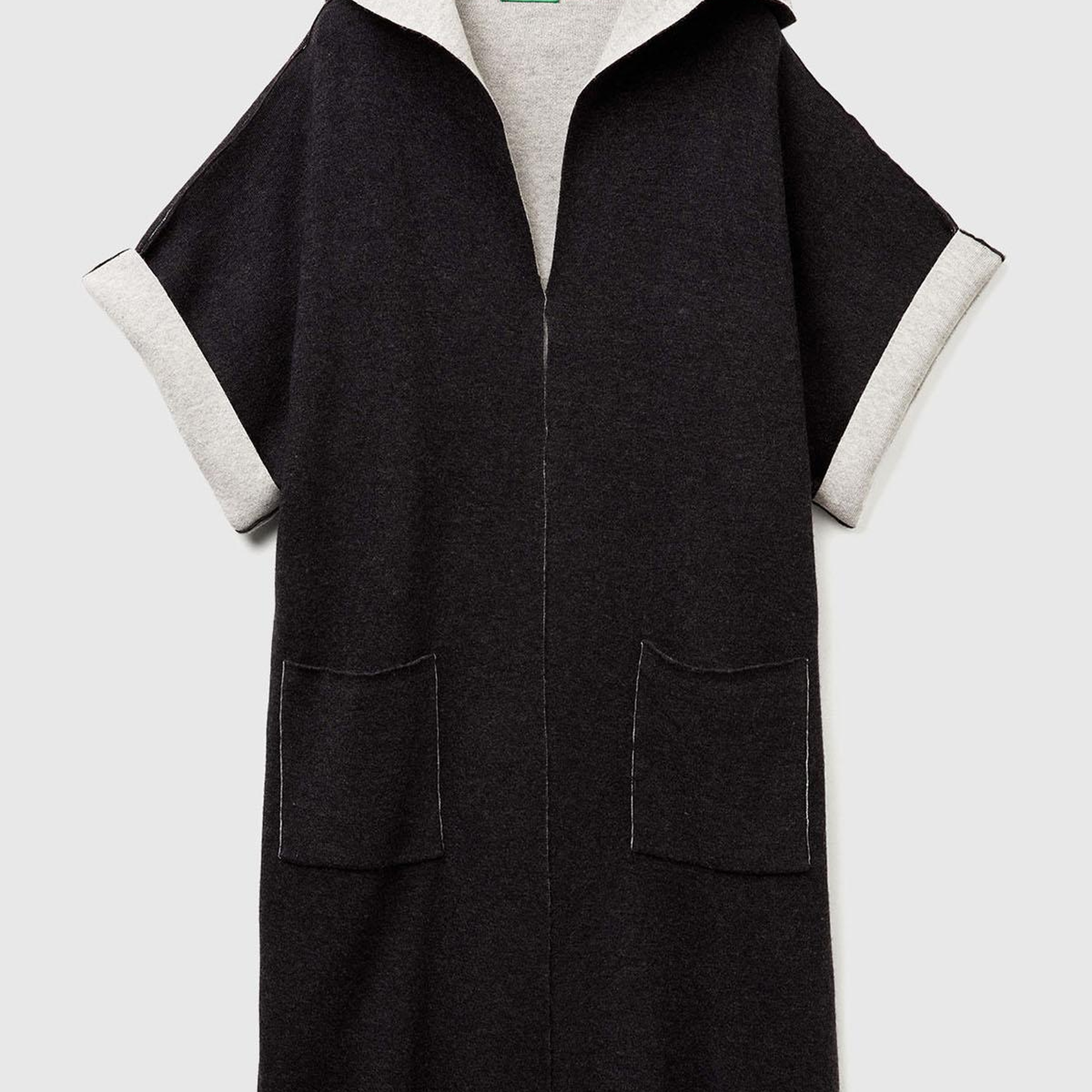 Kadın Siyah Pamuk ve Yün Karışımlı Çift Taraflı Kapüşonlu Kısa Kol Hırka