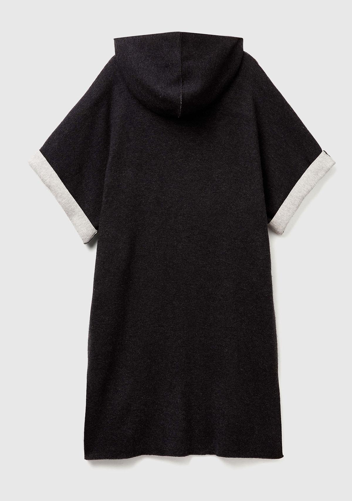 Kadın Siyah Pamuk ve Yün Karışımlı Çift Taraflı Kapüşonlu Kısa Kol Hırka