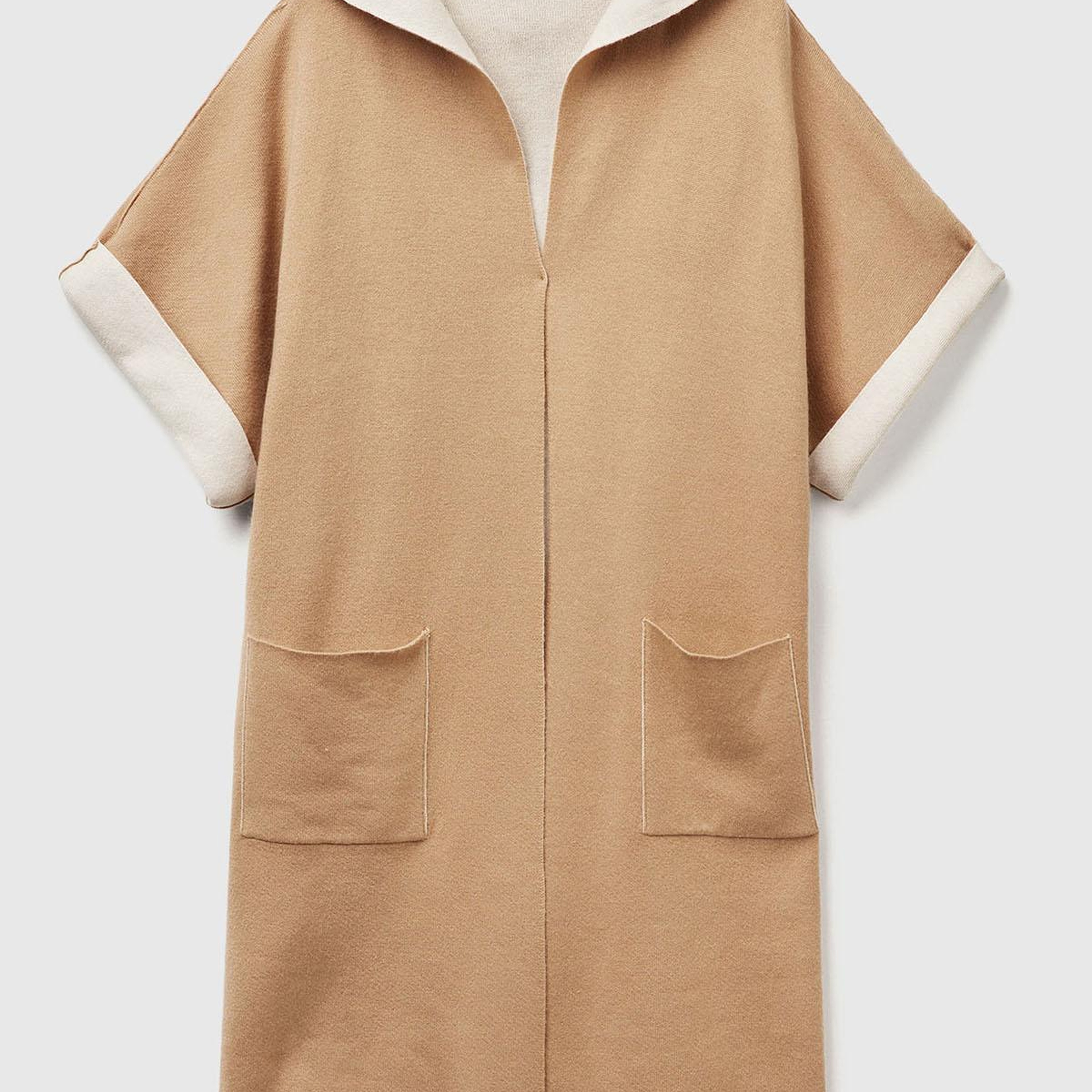 Kadın Kahverengi  Pamuk ve Yün Karışımlı Çift Taraflı Kapüşonlu Kısa Kol Hırka